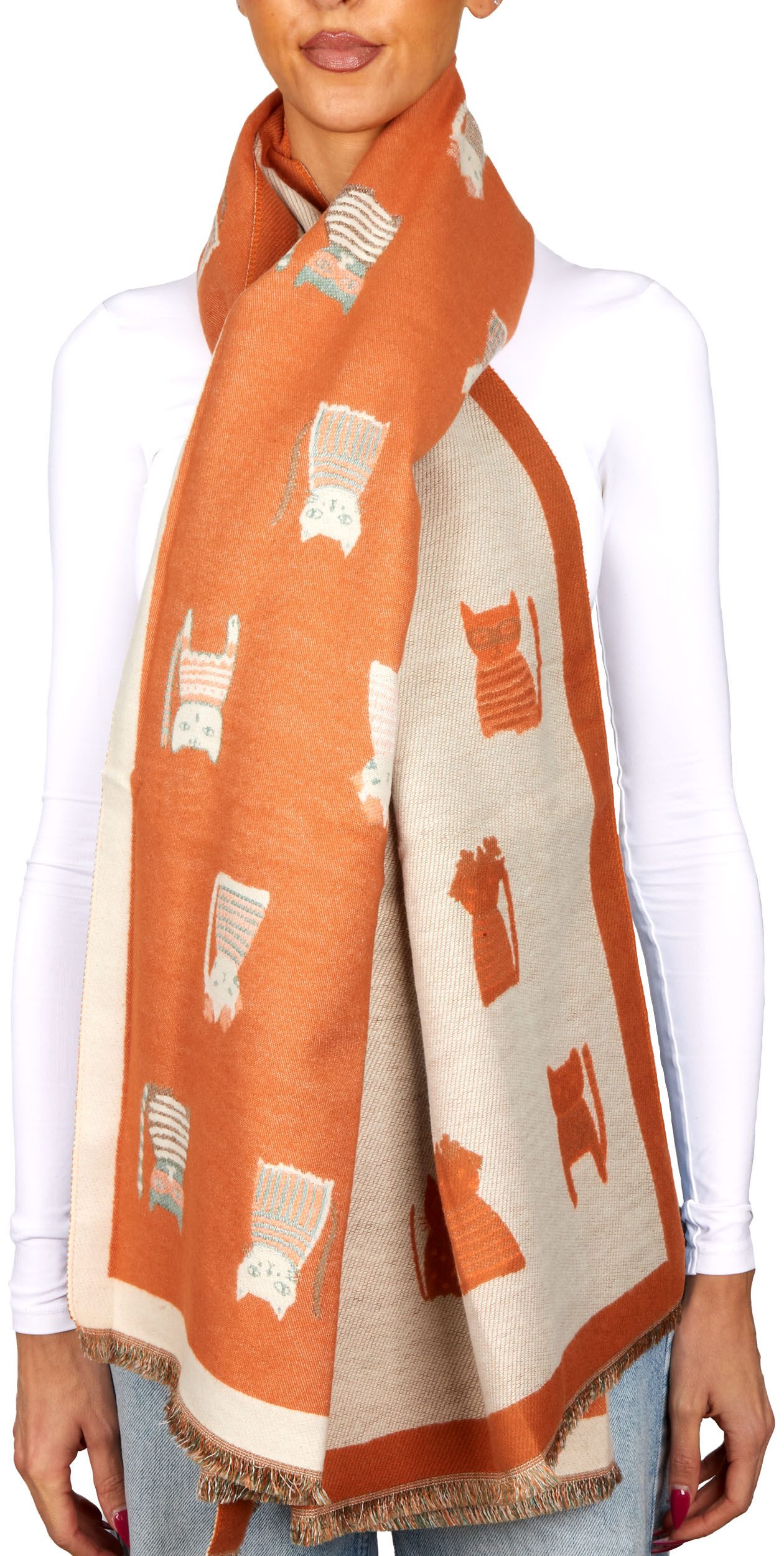 BRUBAKER Schal Cashmirillo Damen Schal mit Katzen Muster - 70 x 200 cm, (Herbstschal Winterschal, 1-St. Weiches Kaschmir-Gefühl), Warm, Kuschelig und Oversized - Damenschal für Herbst und Winter