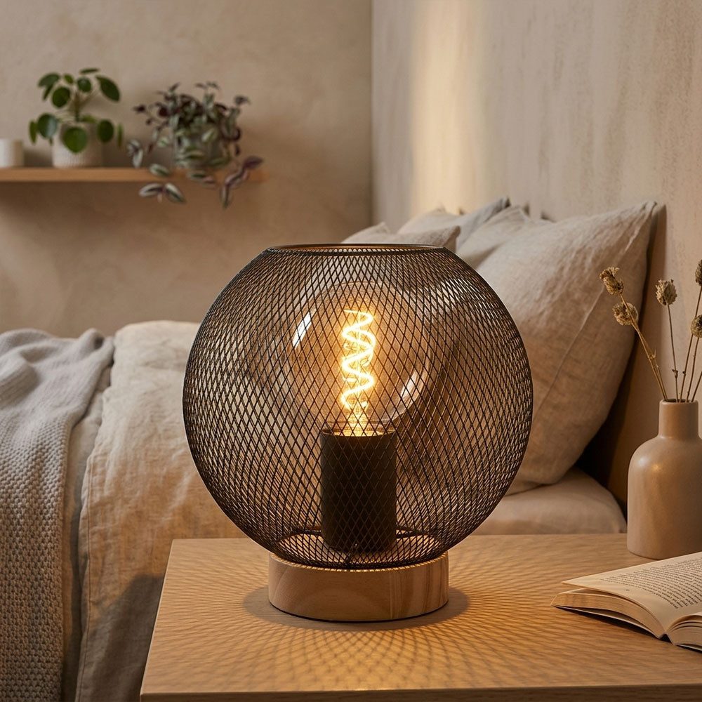 GLOBO LIGHTING Nachttischlampe, Leuchtmittel inklusive, Warmweiß, LED Tischleuchte Holz schwarz braun Warmweiß rund Gitteroptik H 20 cm