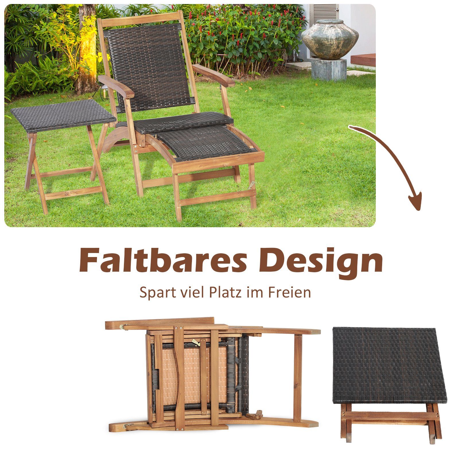 COSTWAY Gartenliege, klappbar, rattan mit Tisch&Fußstütze, 5-fach verstellbar