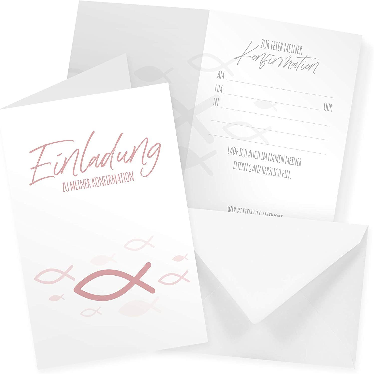 itenga Grußkarten itenga 6x Klappkarten Fisch altrosa Einladung zur Konfirmation inkl. U