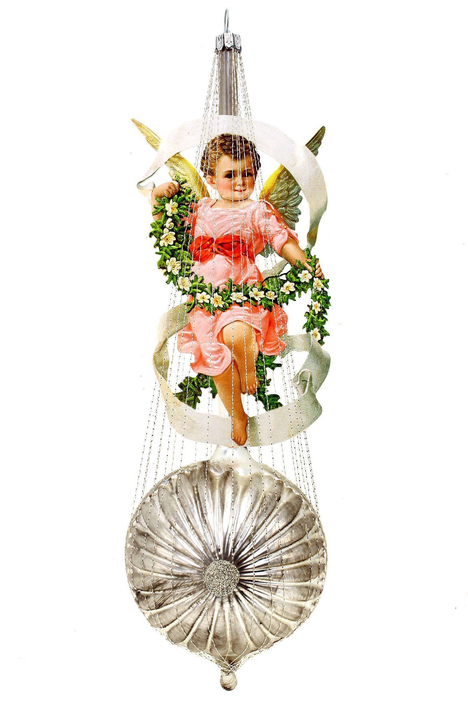 Hamburger Weihnachtskontor Christbaumschmuck Nostalgische Blütenkugel mit Engel, Dekohänger - mundgeblasen - handdekoriert