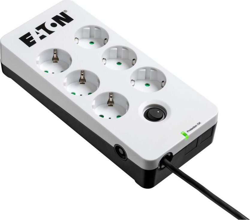 EATON Protection Box 6 DIN Mehrfachsteckdose 6-fach (Ein- / Ausschalter, LED-Statusanzeige, Überspannungsschutz, Kabellänge 1,5 m), High-End Überspannungsschutzgerät mit mehreren Ausgängen