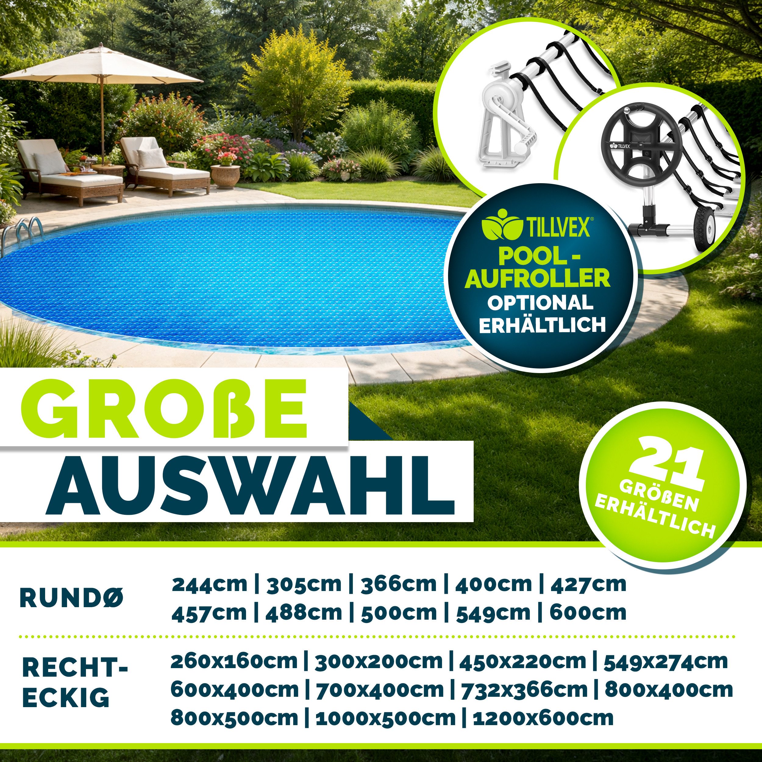 tillvex Pool-Abdeckplane tillvex Pool Solarfolie Solarplane Solarheizung Solarabdeckplane Poolh (Pool Solarabdeckplane Rund & Rechteckig, Prozent), Hochwertige Pool-Solarfolie für sparsames Aufheizen des Wassers