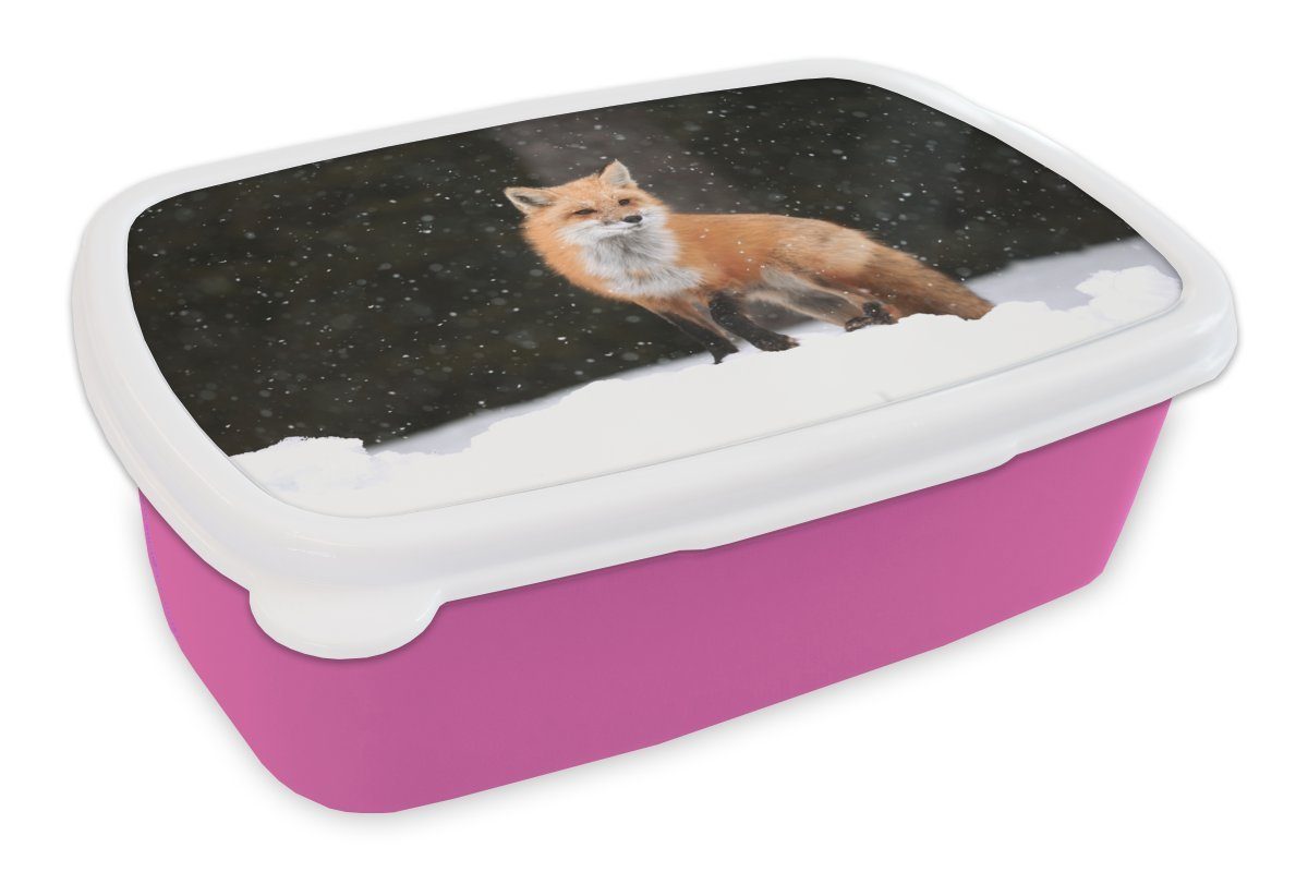 MuchoWow Lunchbox Fuchs - Schnee - Winter, Kunststoff, (2-tlg), Brotbox für Erwachsene, Brotdose Kinder, Snackbox, Mädchen, Kunststoff rosa
