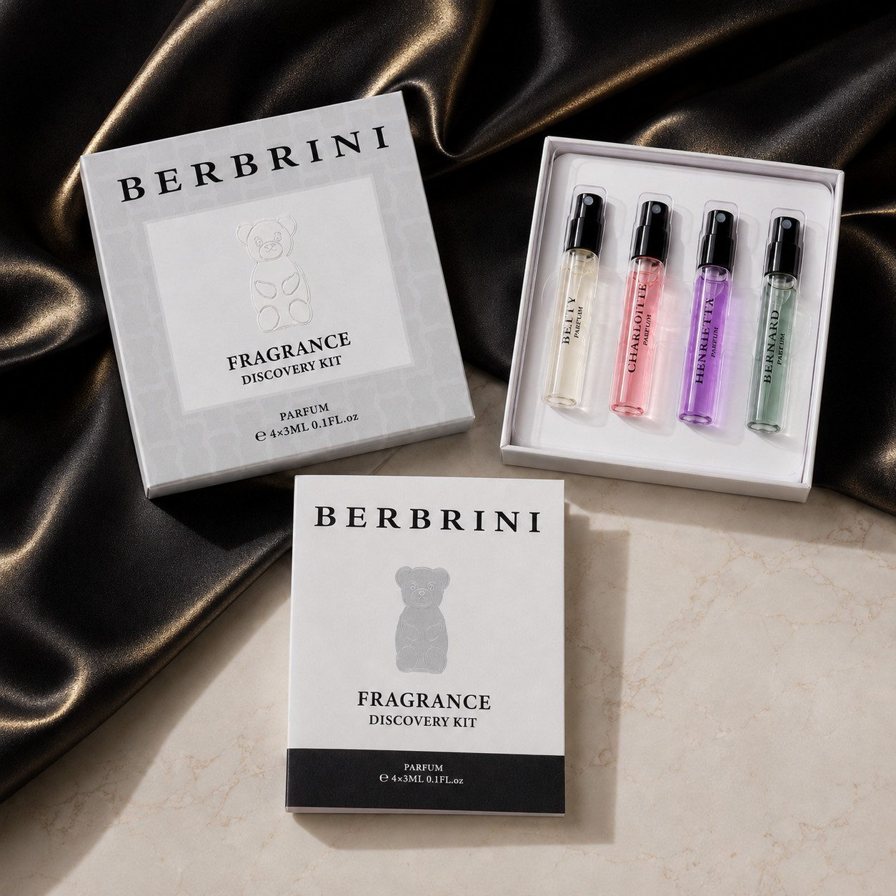 BERBRINI Eau de Parfum Berbrini British Bears Parfum-Entdeckungsset 4 × 3 ml, 4 Herrendüfte, Eau de Parfum, Reisegröße, ideal zum Ausprobieren