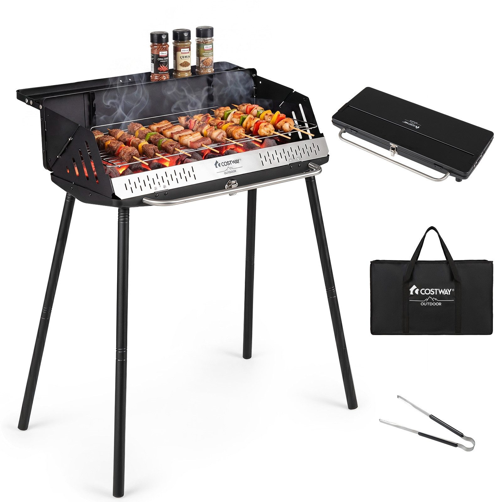COSTWAY Holzkohlegrill, Campinggrill mit deckel, Standgrill für Picknick