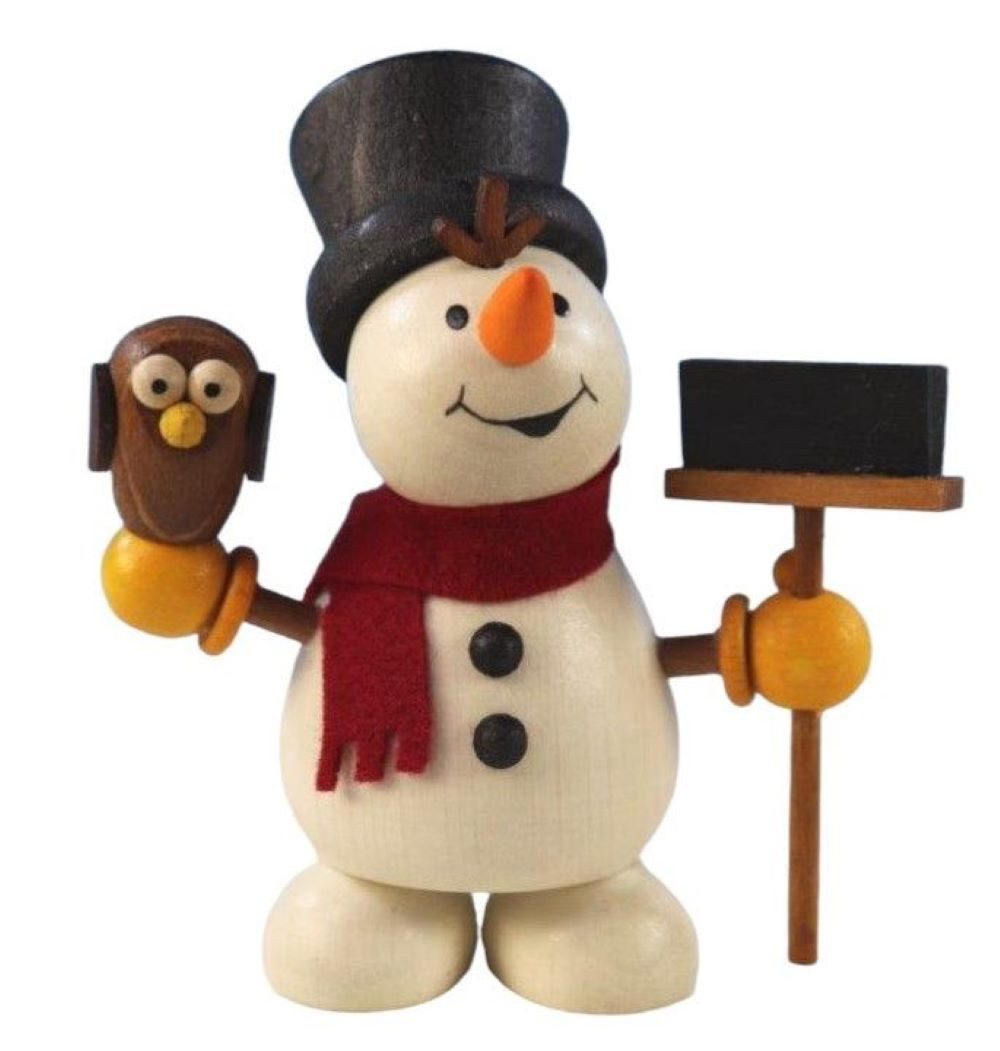 Ullrich Kunsthandwerk Schneemann kleiner Schneemann mit Eule und Besen 9 cm in Geschenkbox