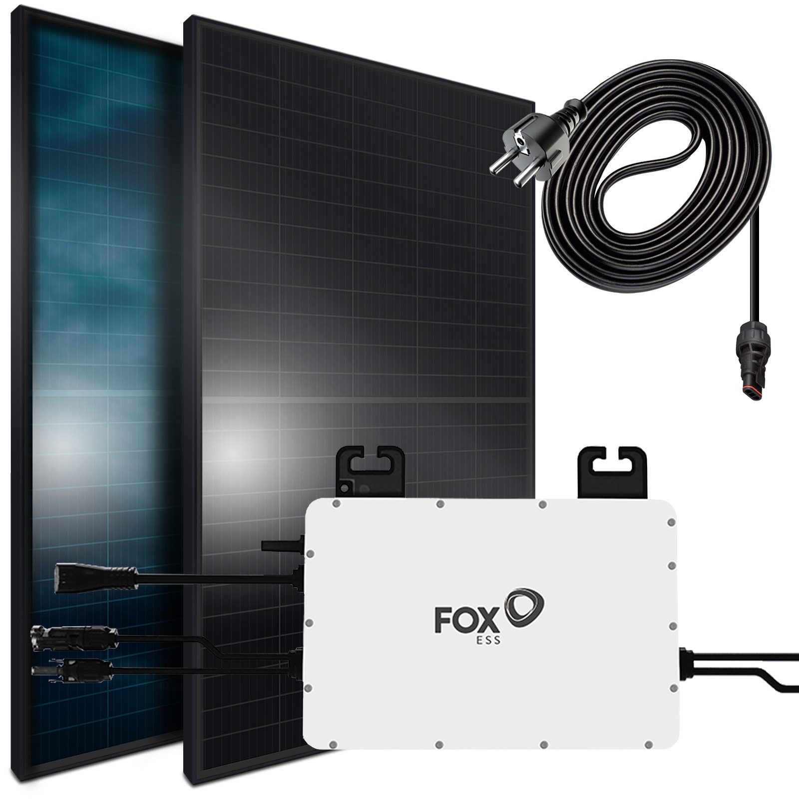 SUNNIVA Balkonkraftwerk Set Black Frame BIFACIAL 1144/800W Solaranlage, (mit 800W Fox ESS Micro Wechselrichter Wifi Bluetooth, 2x440W Bifaziale Solarmodule, 5m Kabel, steckerfertige Solaranlage mit Solarkabel, Inverter, PV), Photovoltaikanlage Balkon Mini-PV Anlage, Solarpanel