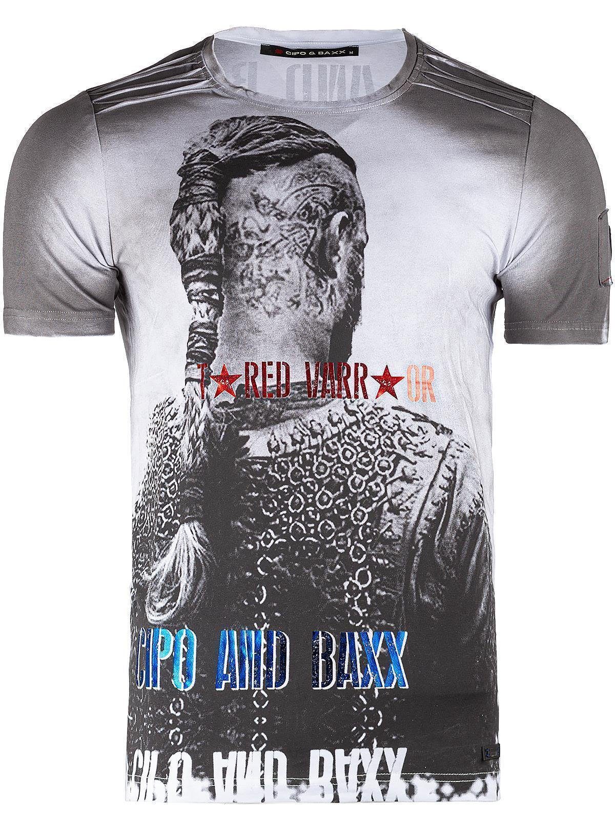 Cipo & Baxx Print-Shirt Auffälliges Kurzarm Shirt BA-CT412 (1-tlg) mit Wikinger Print weiß