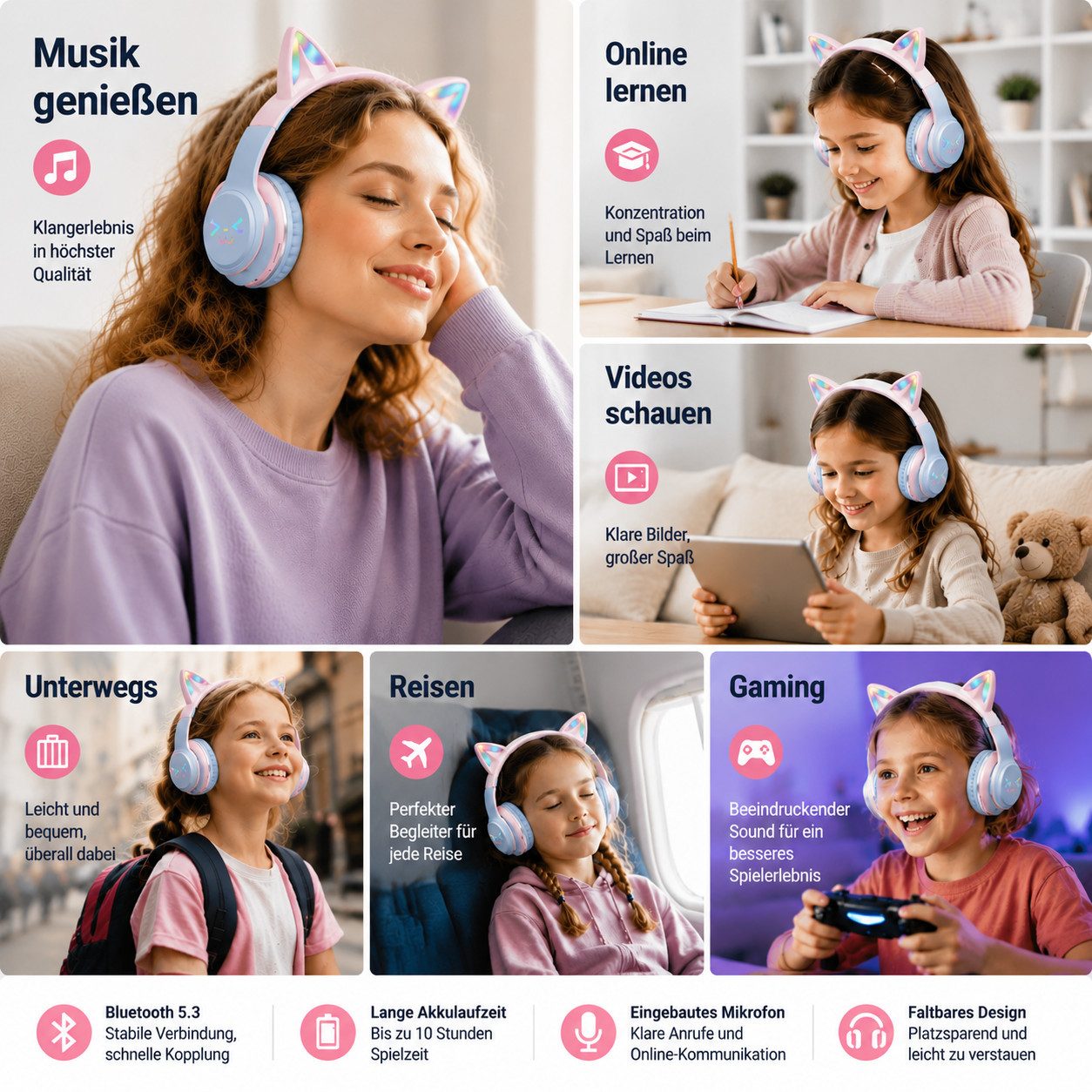ibettertec Over-Ear-Kopfhörer Bluetooth 5.3 LED Katzenohren Faltbares Design Bluetooth-Kopfhörer (Katzenohr-Headset für Mädchen, kompatibel mit Tablet/Computer/Telefon, mit RGB-Lichtern,60 dB Lautstärkebegrenzung, HD Mikrofon)
