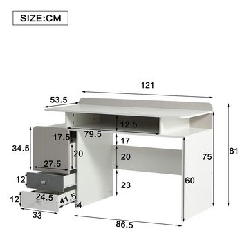 HAUSS SPLOE Holzbett Schreibtisch mit drei Schubladen MDF, Weiß, helle Ulmefarbe, Grau (Schubladen mit leisen Gleitern), mit einem Zwischengeschoss, MDF