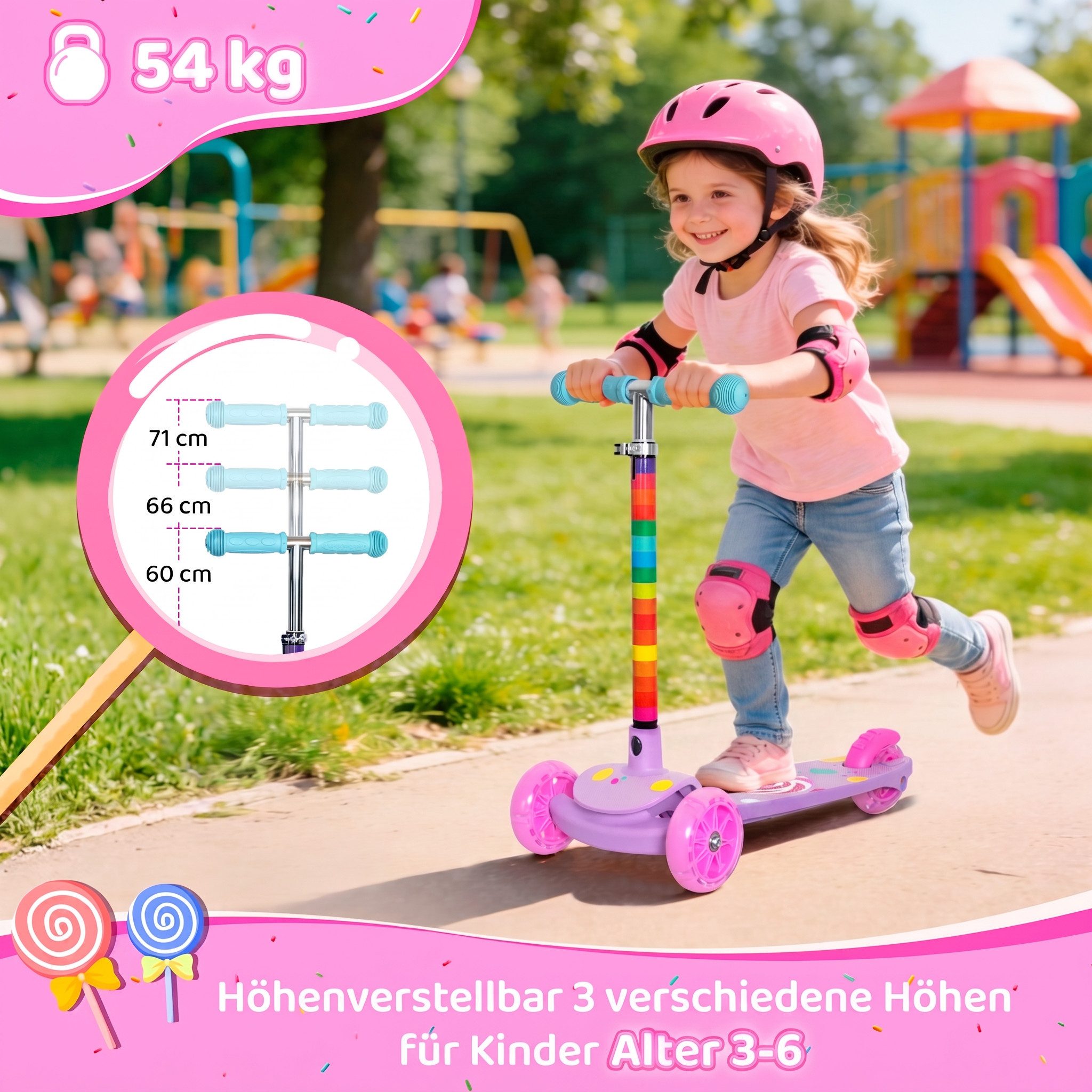 Nattork Scooter dreirädriger Kinderroller ab 3–6 Jahren mit blinkenden LED-Rädern, (1 tlg), Höhenverstellbarer Kinderscooter für Mädchen und Jungen – Bild 3 von 5