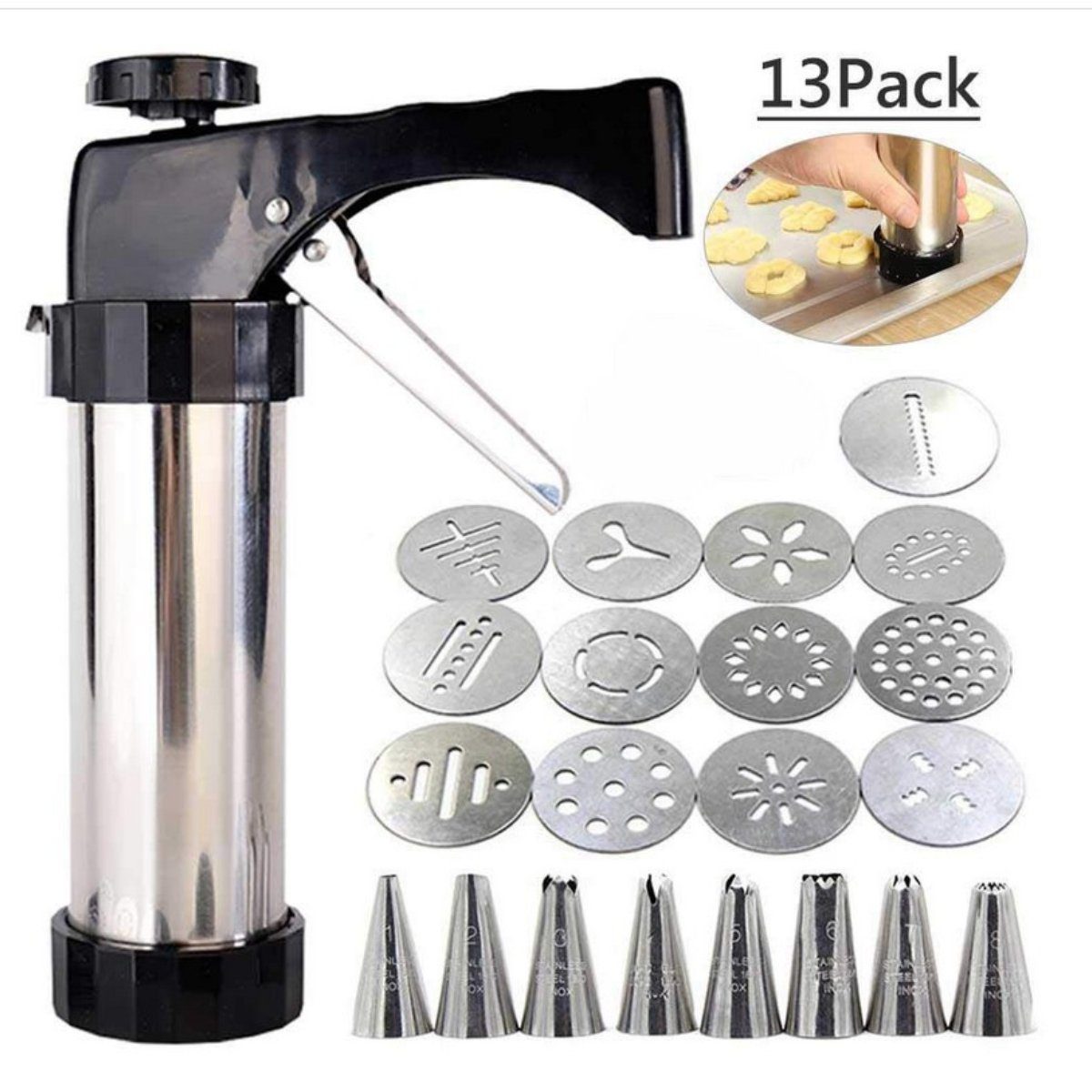 Welikera Biskuitpresse Kekspresse Set zum Backen,Mit 13 Keksscheiben + 8 Spritztüllen, (13-tlg)