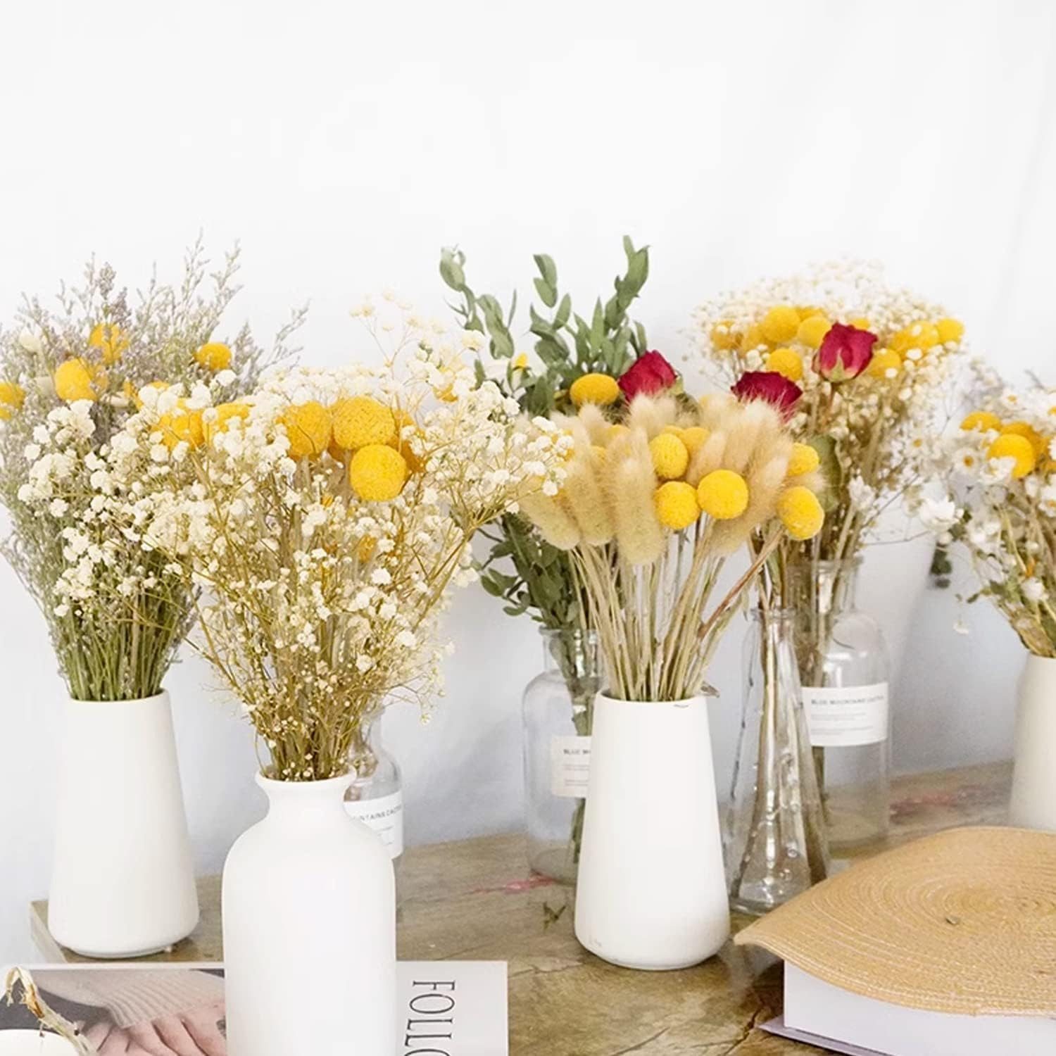 Trockenblume Pampasgras Getrocknete Craspedia Globosa 30 Stück Trockenblumen, Fyrove, Getrocknete Blumen für Blumenarrangements, Hochzeit,Vase,Dekoration