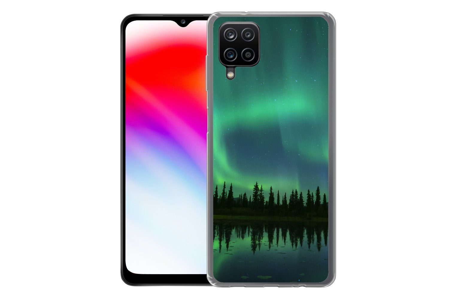 MuchoWow Handyhülle für Samsung Galaxy A12 Nordlicht - Bäume - Wasser - Alaska, Smartphone-Bumper, Print, Handy Schutzhülle Dünn