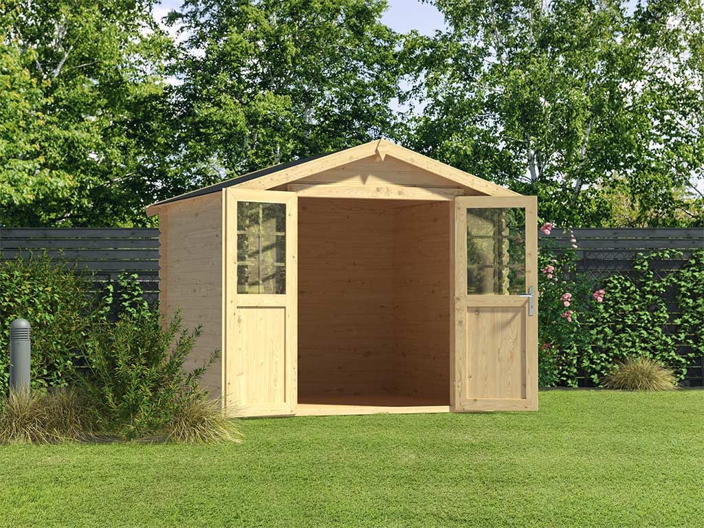 Woodtex Gartenhaus Gartenhaus Blockbohlenhaus CA2871 28 mm naturbelassen, BxT: 260x248 cm, 28 mm Wandstärke, Doppeltür mit Echtglas-Einsätzen