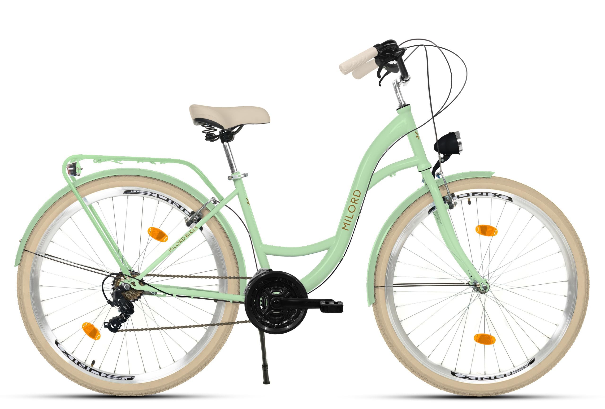 Milord Cityrad Damenfahrrad Citybike Hollandrad Fahrrad, 26/28 Zoll, 21-Gang, 21 Gang, (Fahrradständer, Gepäckträger, Klingel, Korb, Kotflügel)