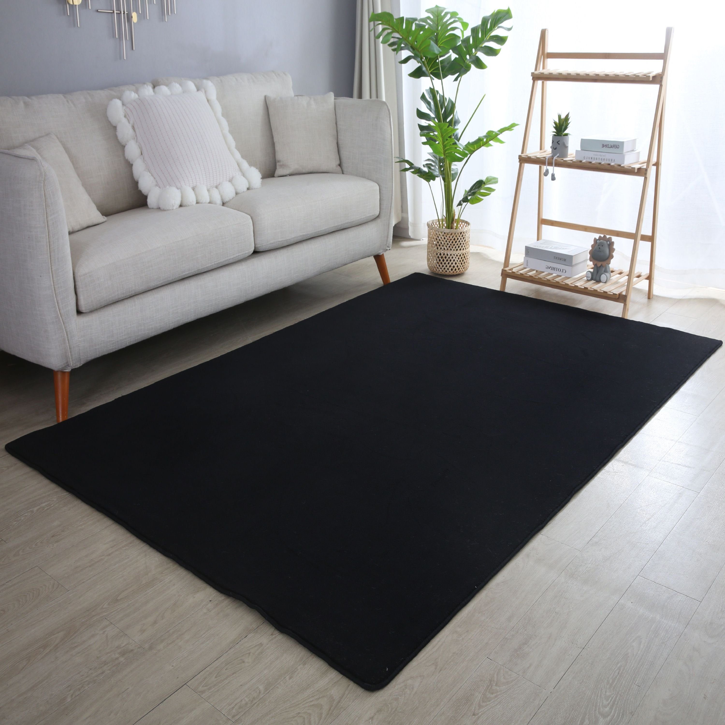 Teppich Unicolor - Einfarbig, Teppium, Rechteckig, Höhe: 7 mm, Teppich Wohnzimmer Schwarz