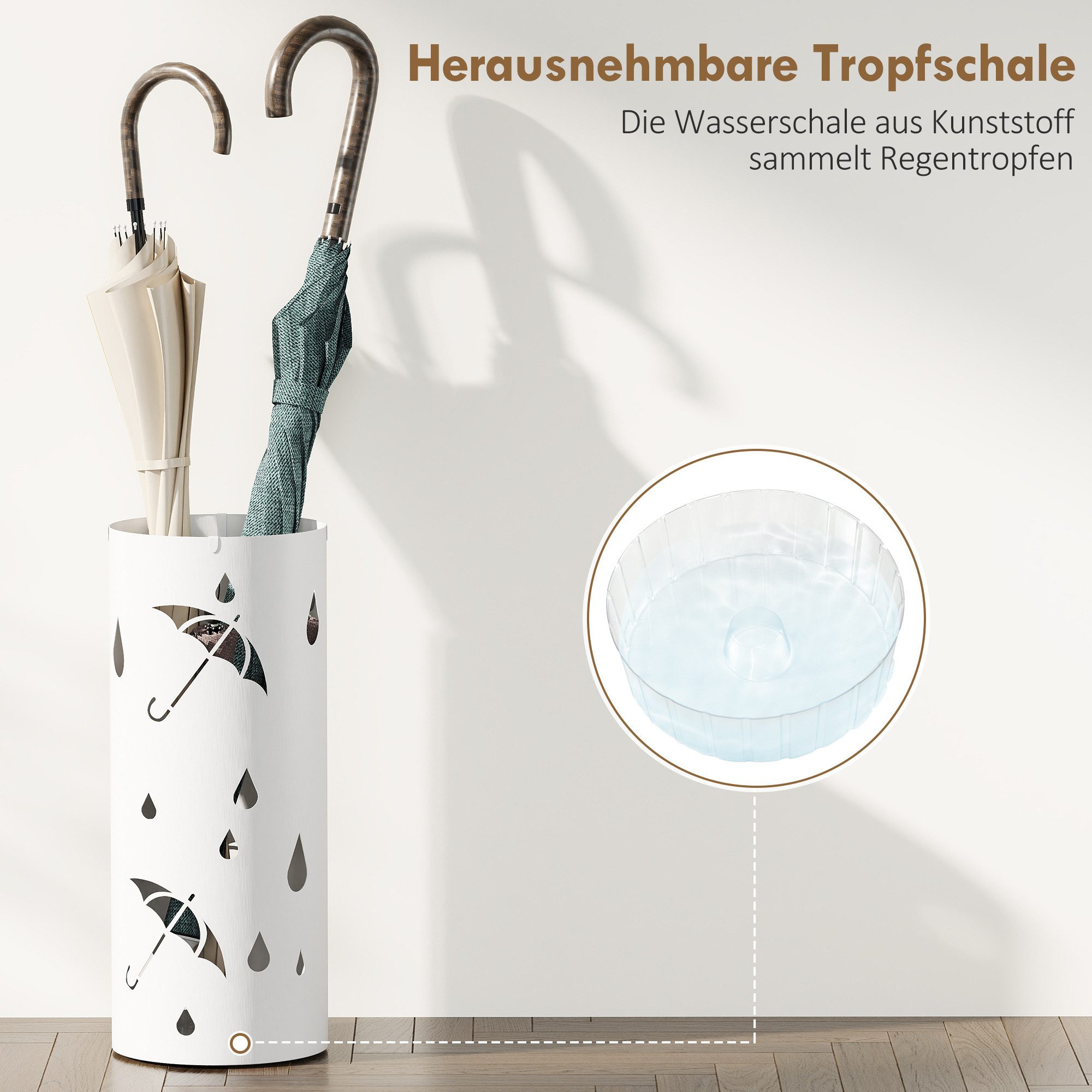 HOMCOM Schirmständer Regenschirmständer mit 4 Haken, Schirmhalter, Stahl, Weiß (Regenschirmständer, 1 St., Schirmständer), für Gehstöcke & Regenschirme Stahl Ø1 – Bild 5 von 5