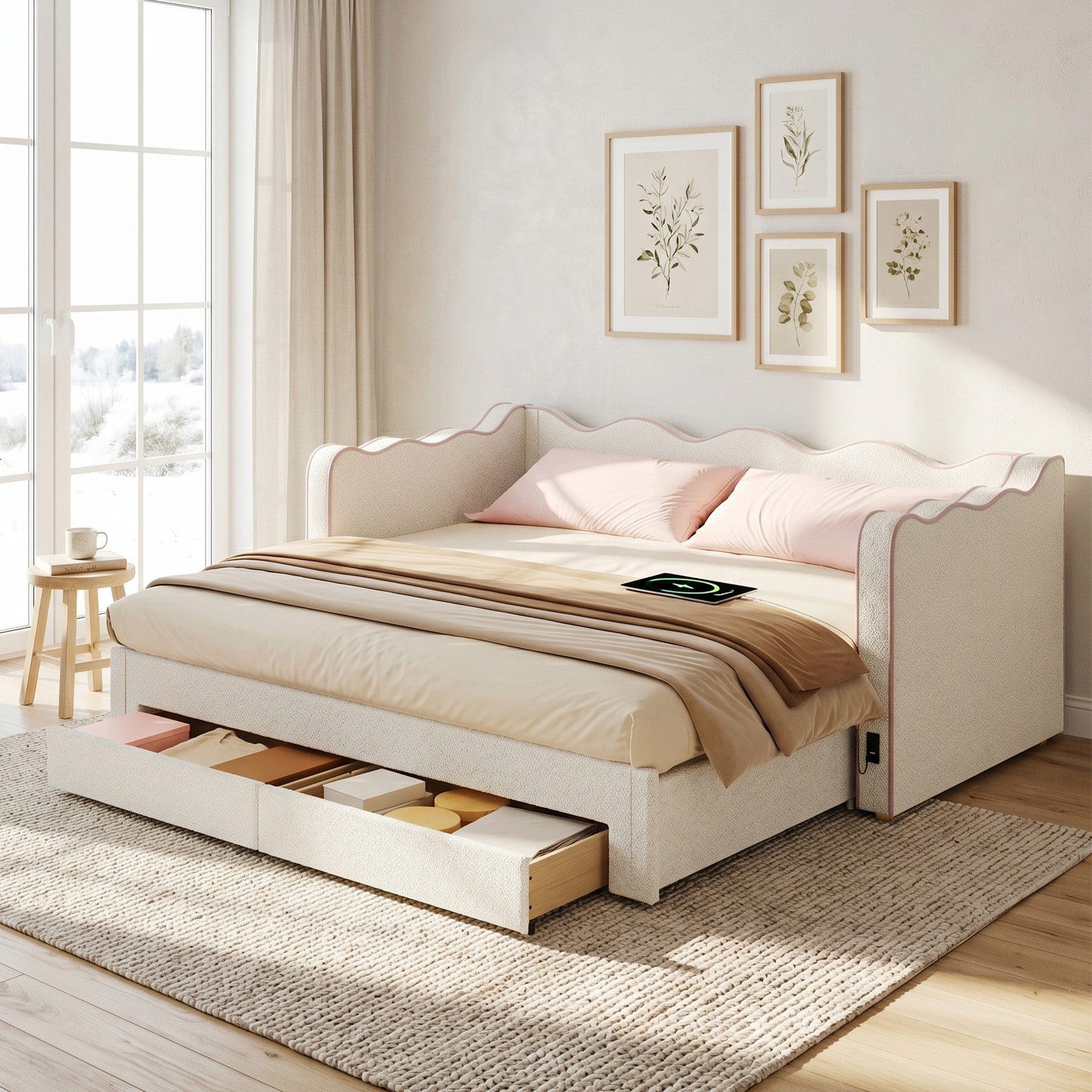 Flieks Daybett, Polsterbett 90/180x200cm mit Schubladen & Ausziehbett & USB-Anschluss
