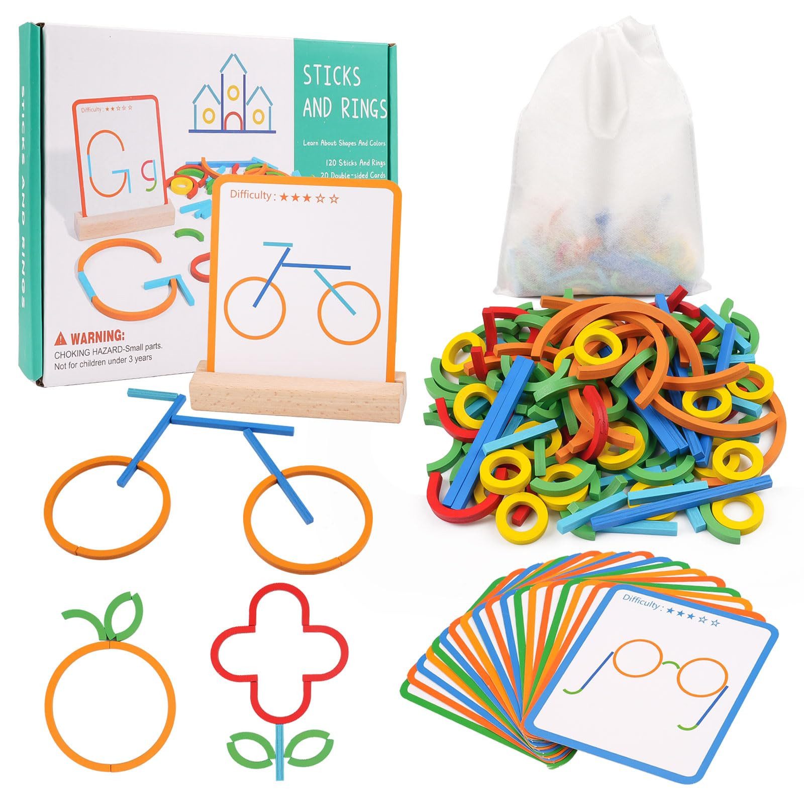 FOUORTUNATE-BEE Lernspielzeug Kreatives Stäbchen-Puzzle für Kinder, Lernspiel mit Formen, Vorschulspiel mit 120 Holzstäben 20 Karten, Farben Formen