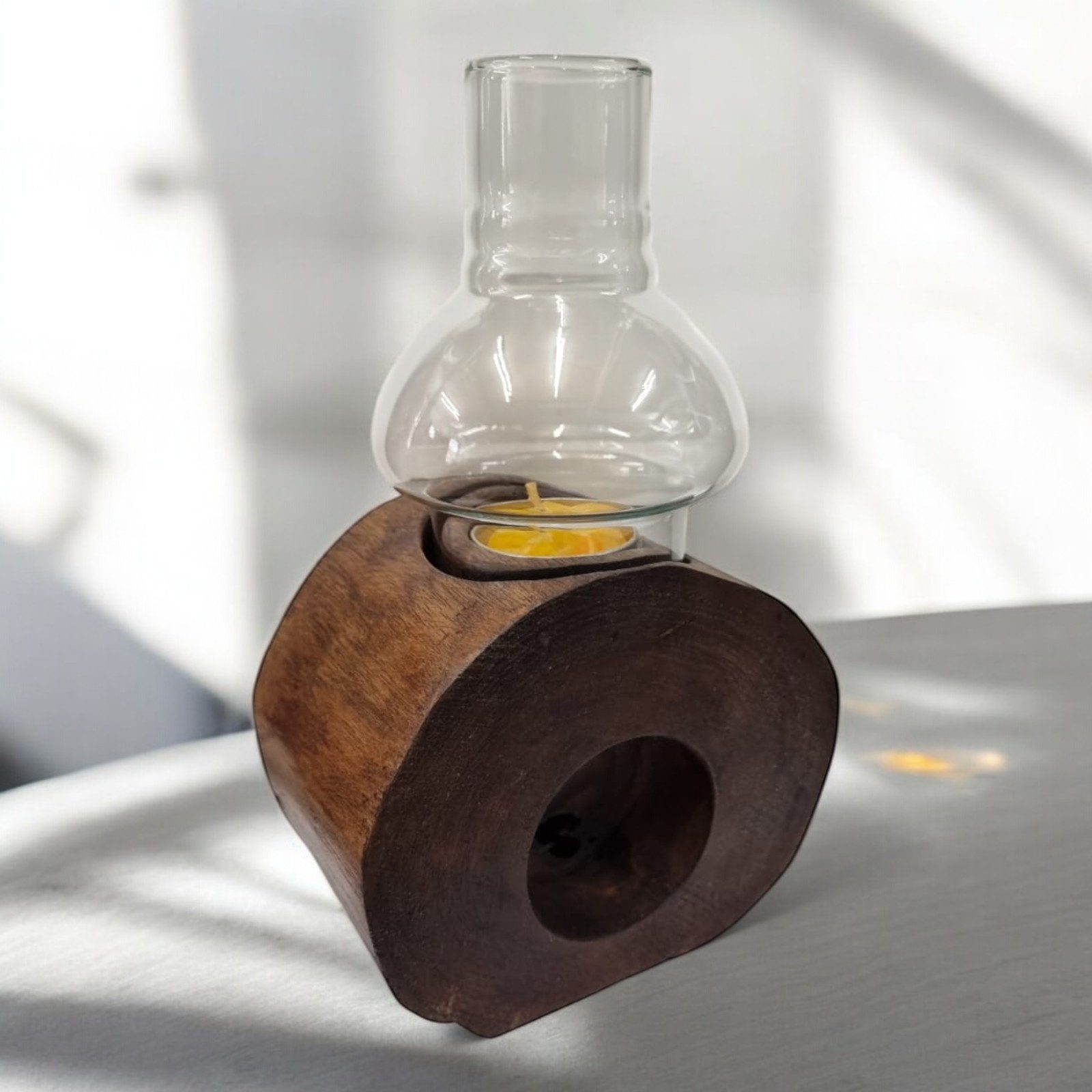 Kinaree Teelichthalter Windlicht Holz, inkl. Glasaufsatz, Handgefertigt, Unikate