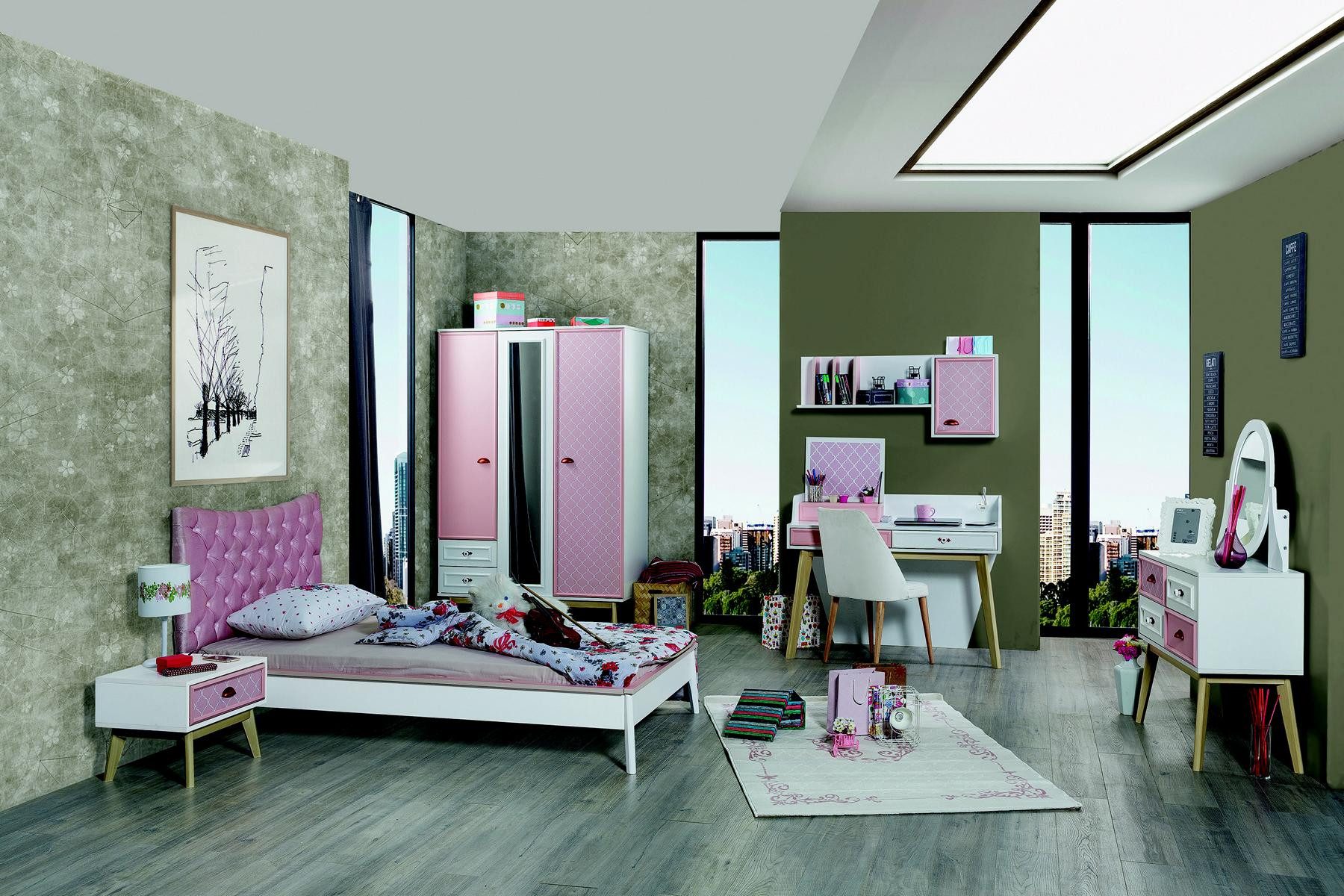Jugendzimmer-Set Rosa Möbelset aus Holz für Kinderzimmer mit Bett, Schrank und Tisch