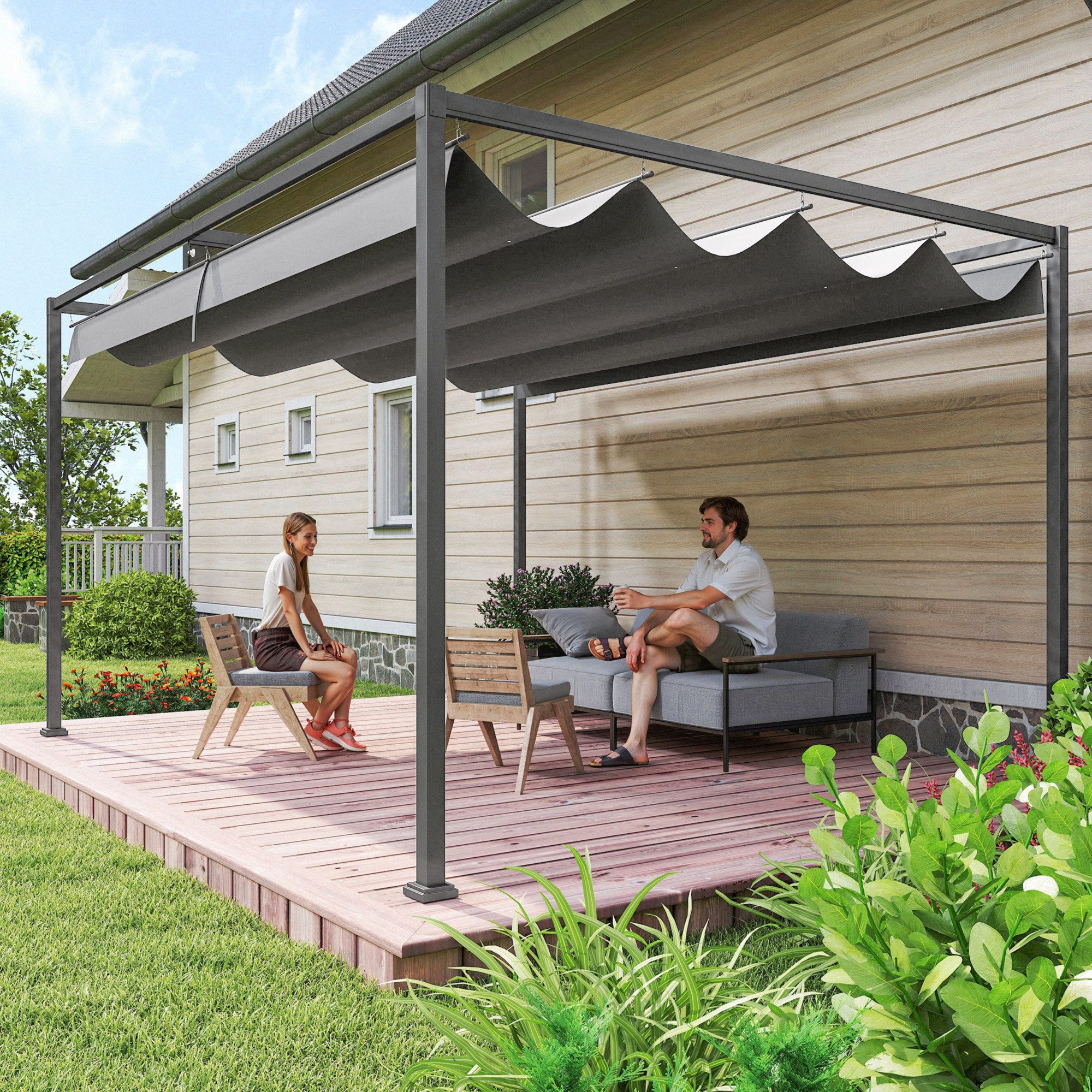 Outsunny Pergola 4x3m, aus Stahl, mit verstellbares Dach, Freistehend, (Garten Pavillon, 1-tlg., Terrassendachung), Sonnenschutz für Terrasse und Garten, Dunkelgrau