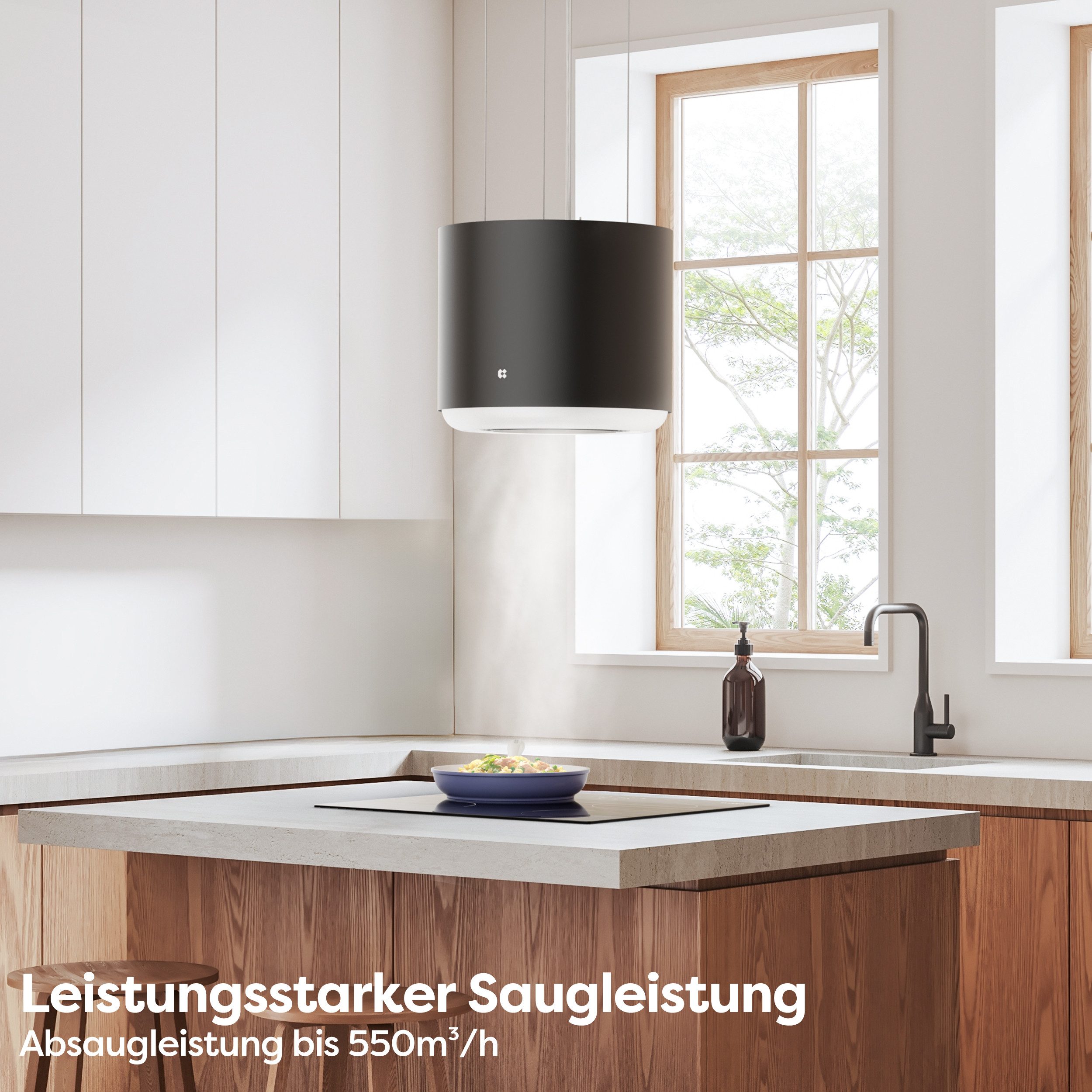 CIARRA Inselhaube 48 cm A+ 550 m³/h leise Dunstabzugshaube freihängend Umluft VM4838B 48 cm A+ 550 m³/h leise Dunstabzugshaube freihängend Umluft VM4838B, WIFI-APP Touch Control Inkl. BOOST 4 Stufen mit Kohlefilter & LED