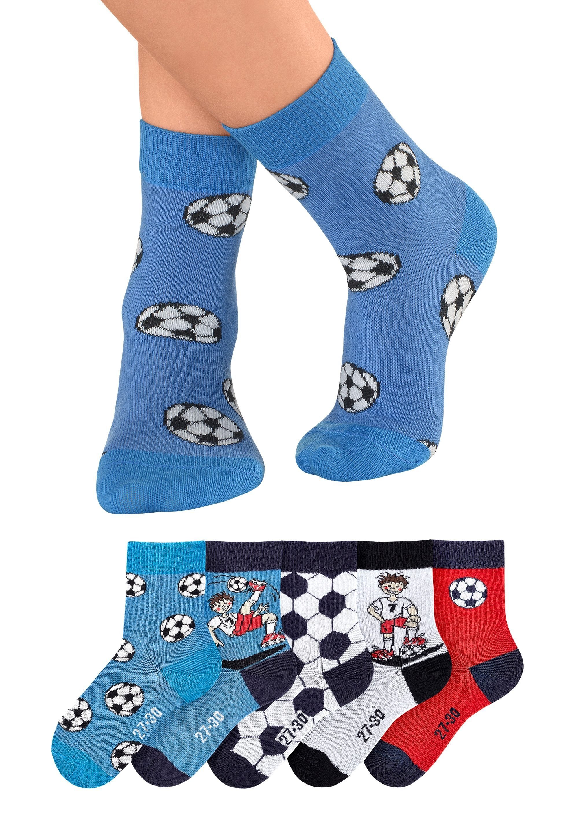 H.I.S Socken "Fußballsocken, Kinder Fußballsocken, WM Socken" (Packung, 5-Paar, Lustige Socken Gr. 23-26 bis 35-38) mit Fußballmotiven
