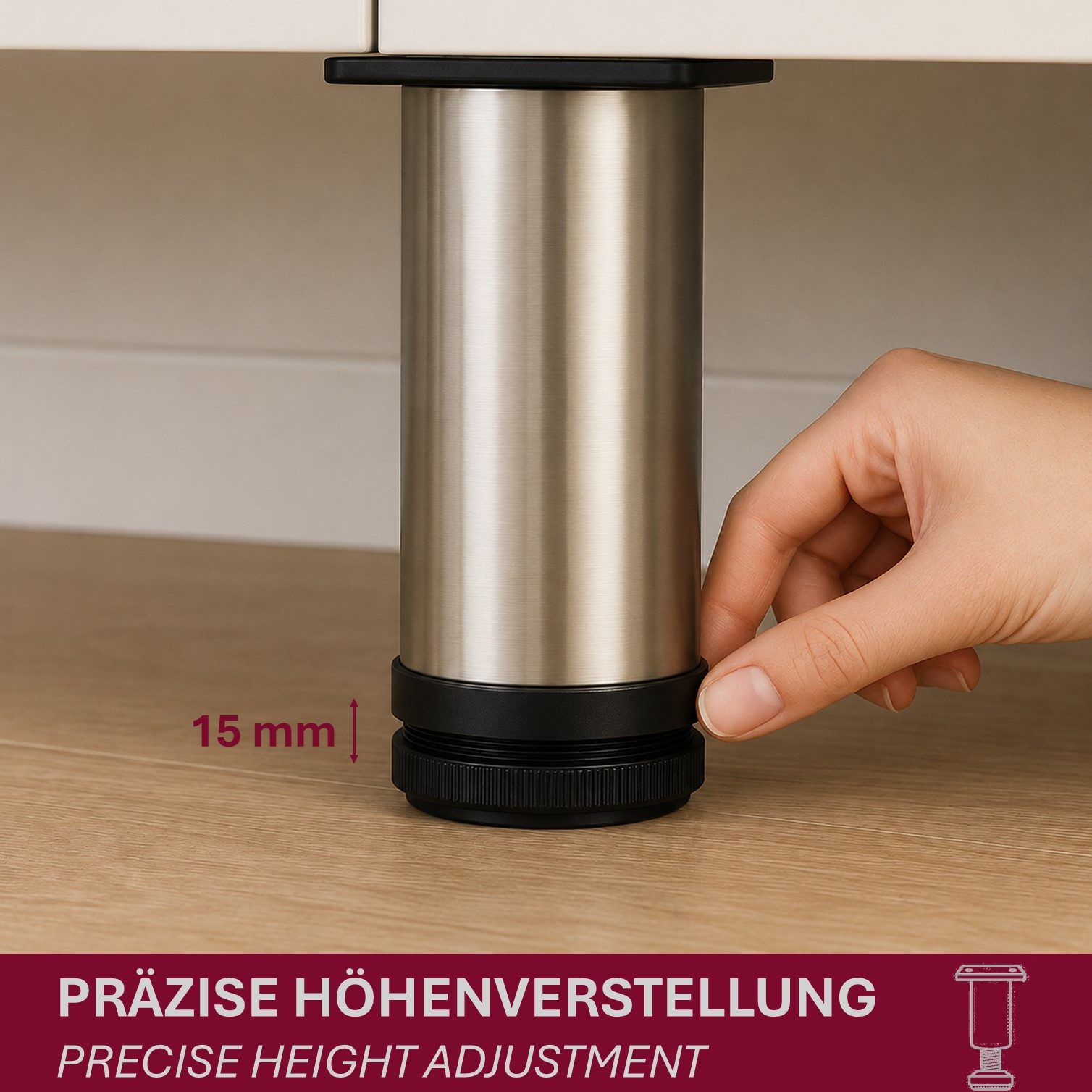 HOOZ Möbelfuß Edelstahl 80 mm höhenverstellbar 4er Set für Schrank & Kommode Ø50 mm, (Set, 4-St., 4er-Set Möbelbeine), Höhenverstellbar bis 15 mm mit integriert – Bild 5 von 5