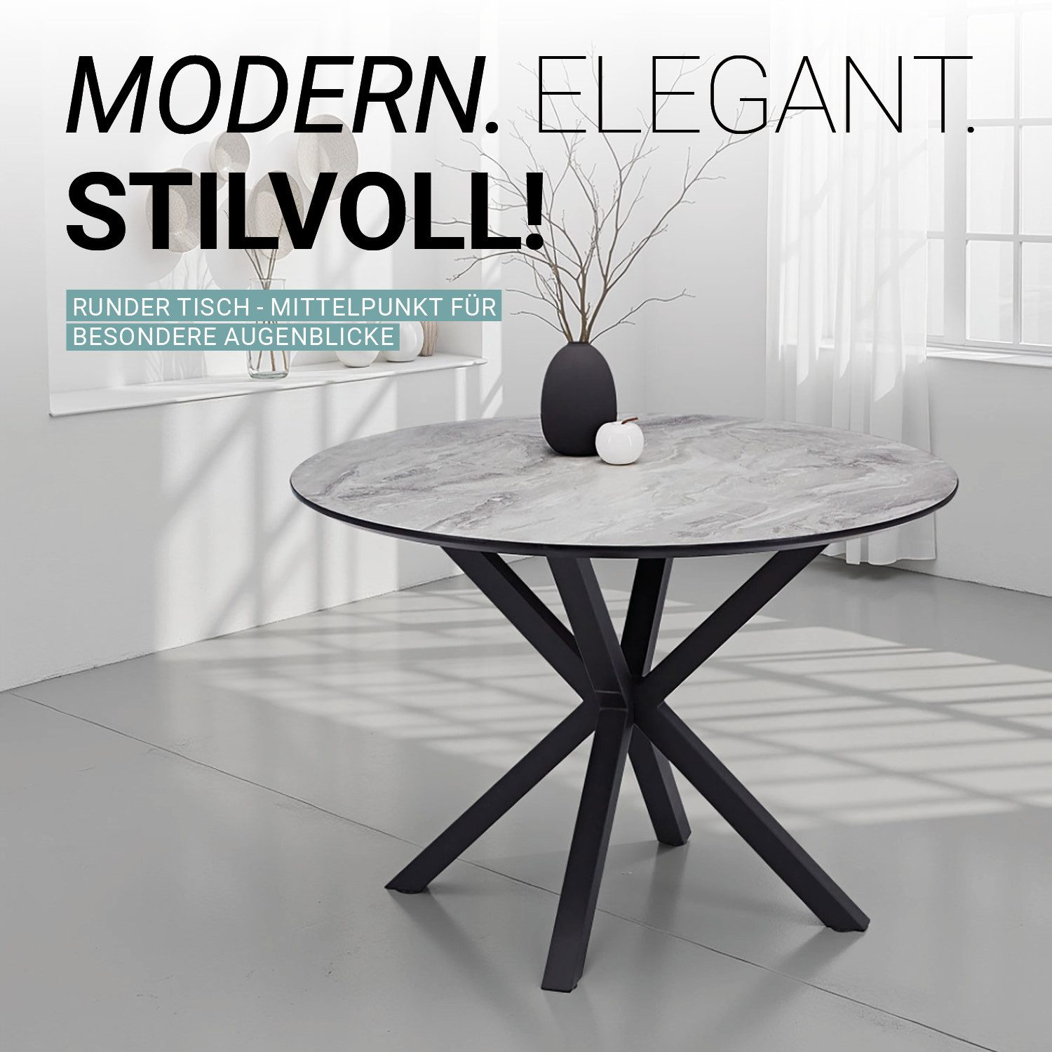 Homestyle4u Essgruppe rund Esstisch mit 2 Stühle 4 Stühle Ø110 Samt Grau Metallgestell Stein, (5-tlg), 5-teilig, kratzfest, spritzwasserfest, Tisch mit Essstuhl – Bild 3 von 5