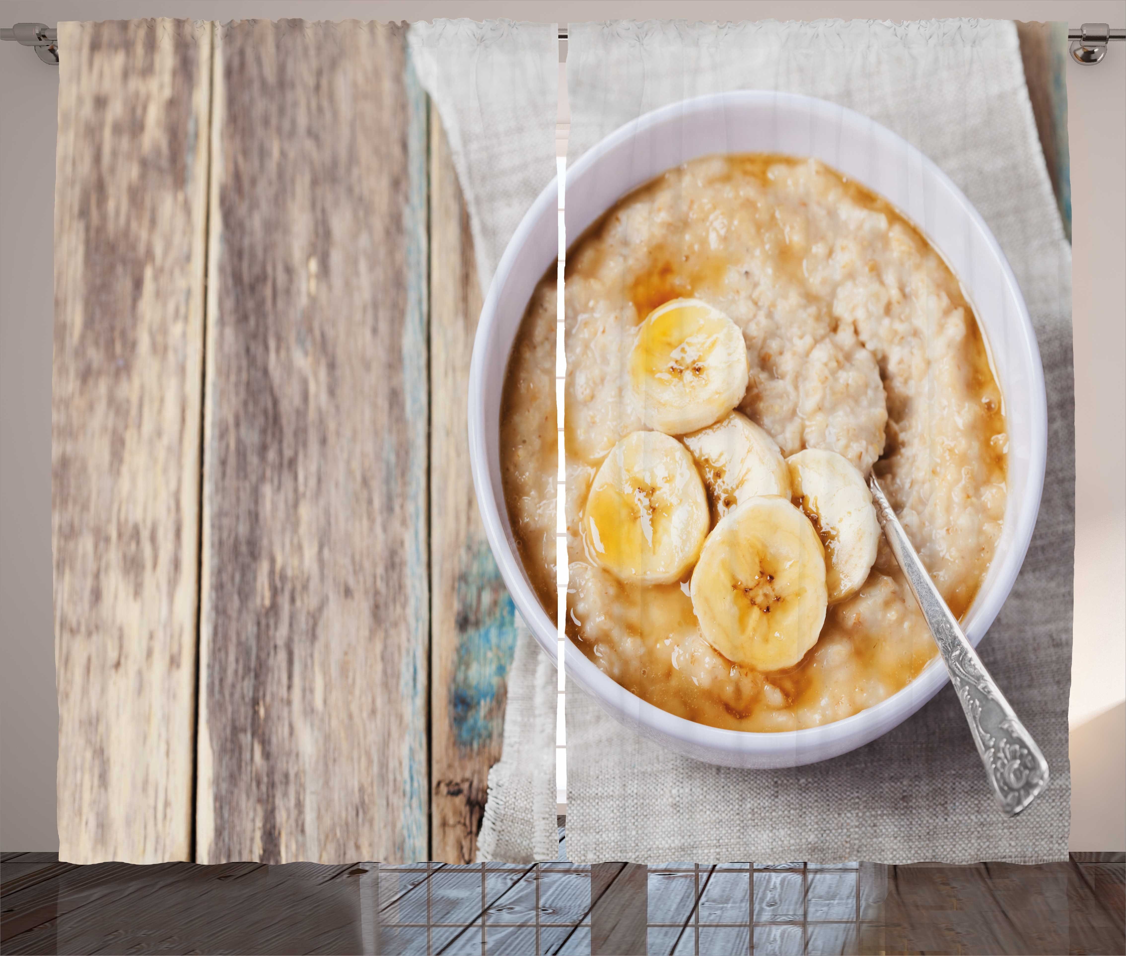 Gardine Schlafzimmer Kräuselband Vorhang mit Schlaufen und Haken, Abakuhaus, Haferflocken Schüssel Banana Porridge