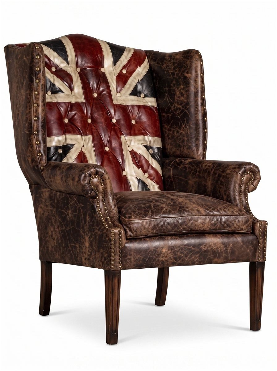 Xlmoebel Ohrensessel Sessel Union Jack Chesterfield Ohrensessel Vintage British Antikbraun (Sessel, 1-St., 1-tlg), Britische Flagge