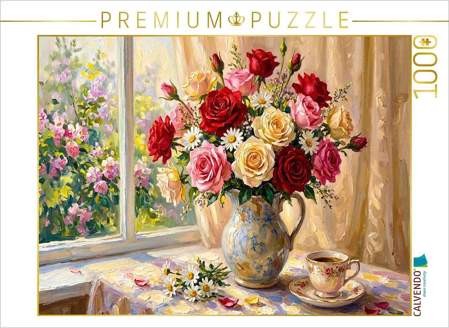 CALVENDO Puzzle CALVENDO Puzzle Romantischer Rosenstrauß mit blühendem Rosenbusch im F, 1000 Puzzleteile