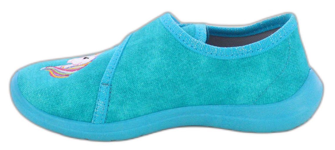 Beck Hausschuh Einhorn Hausschuh (atmungsaktive Materialien, für Kindergarten, Schule, Zuhause) schmale Passform, robuste Materialien, weiche bequeme Decksohle