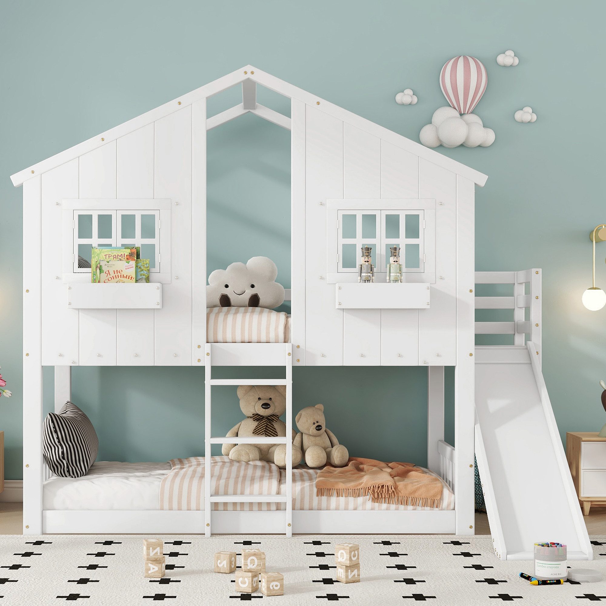 Flieks Etagenbett, Kinderbett Hausbett 90x200cm mit Rutsche, Leiter und obe günstig online kaufen