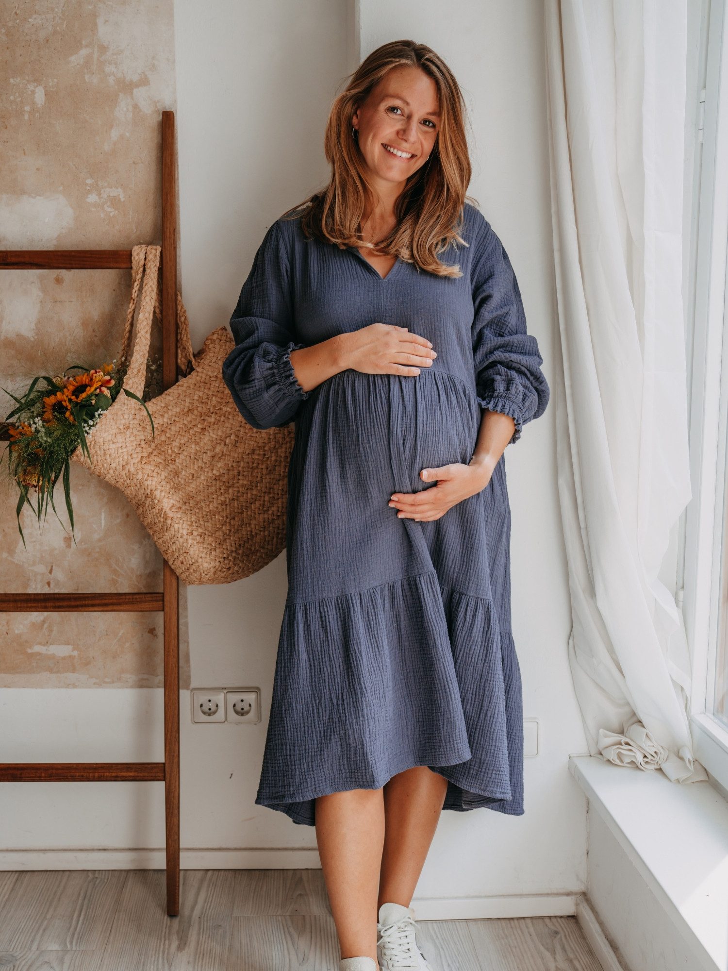 hutch&putch Maxikleid Musselin Kleid Damen Sommerkleid 100% Bio-Baumwolle mit Rüschen Kragen (1-tlg) elastischer Bund - trendige Volants