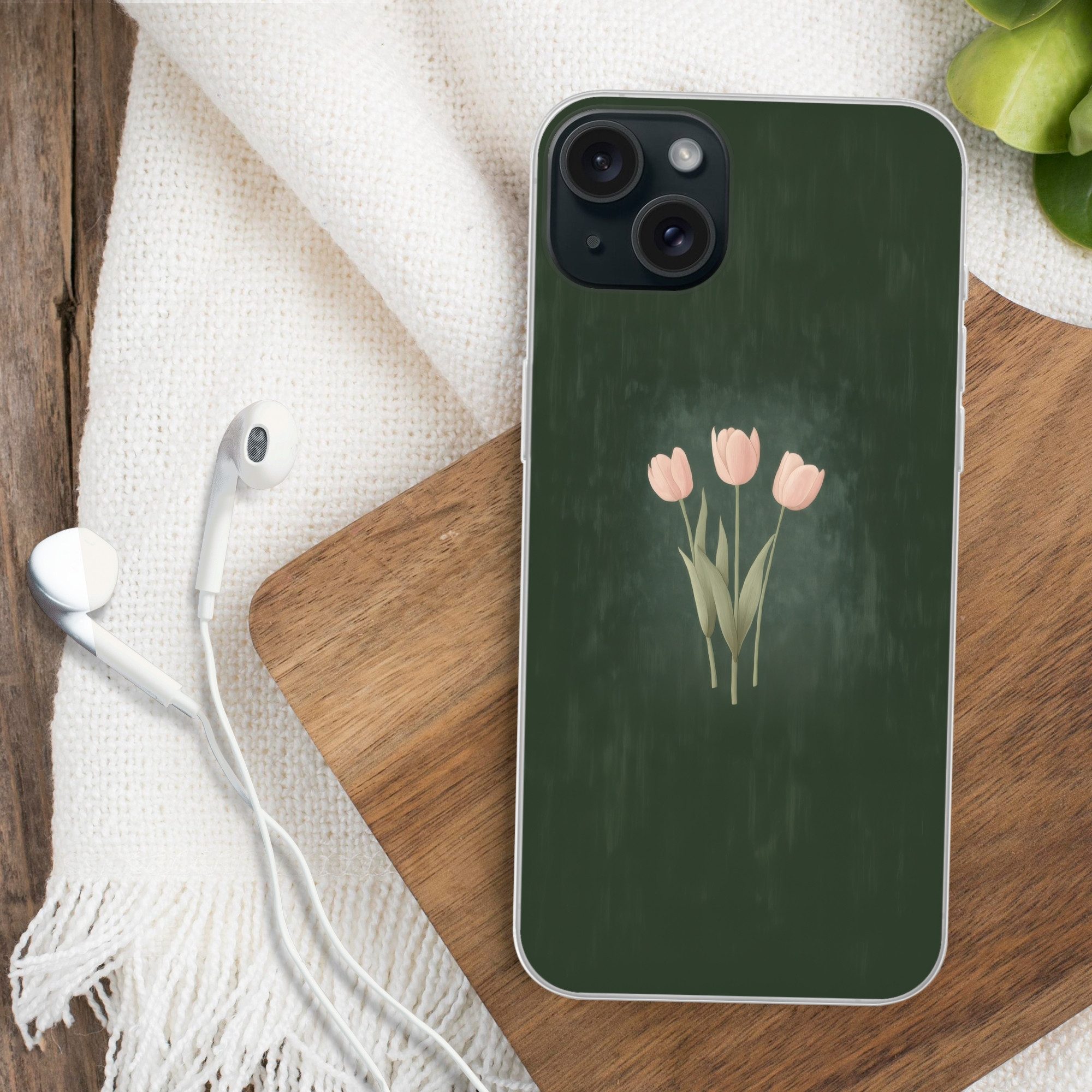 MuchoWow Handyhülle für Apple iPhone 15 Plus Tulpen - Liebe - Dunkelgrün, Smartphone-Bumper, Print, Handy Schutzhülle Dünn