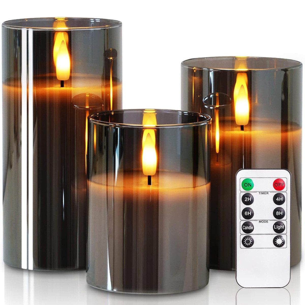 AFKSMILE LED-Kerze Graue LED-Glaskerzen, batteriebetrieben, Fernbedienung&Timer, 3er-Set (3-tlg)