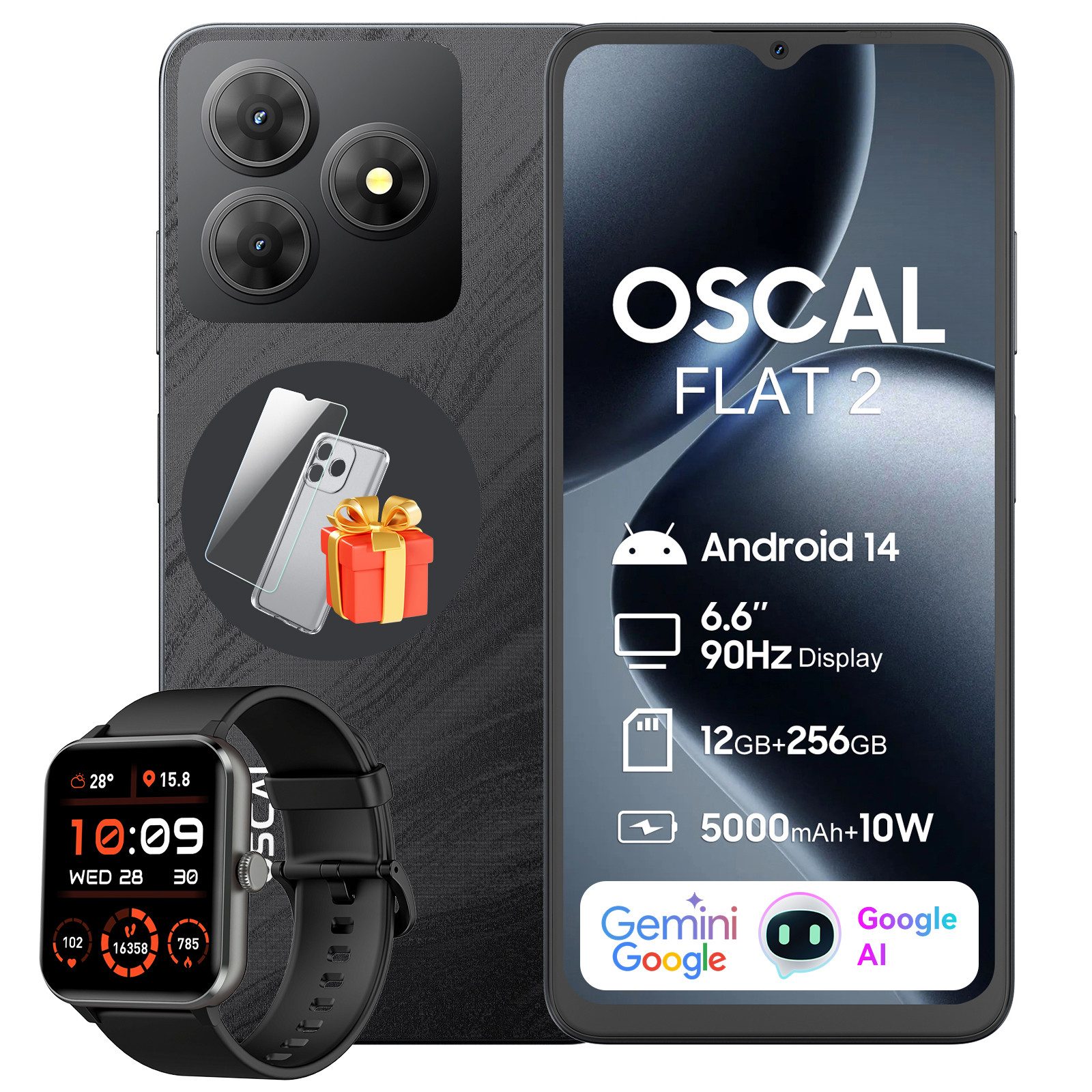OSCAL FLAT2 incl. R50 Smartphone (6.6 Zoll, 13 MP Kamera, Android 14, Gemini AI, Fingerabdruck, Dual SIM 4G)