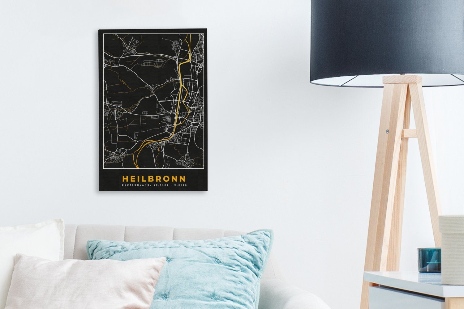 Leinwandbild OneMillionCanvasses® - inkl. - Deutschland Karte (1 20x30 St), Gemälde, - Heilbronn Stadtplan Gold, Leinwandbild Zackenaufhänger, cm fertig - bespannt