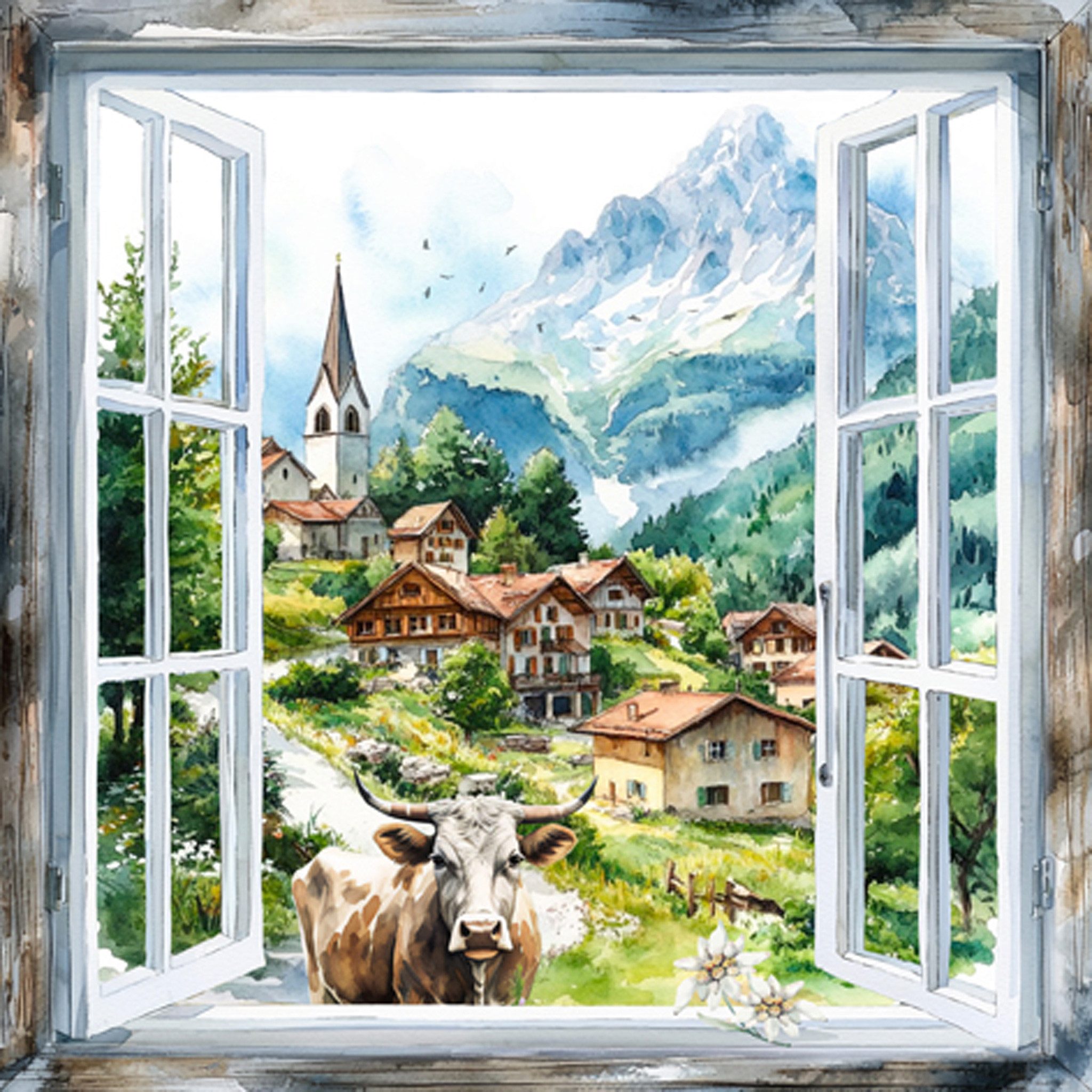 ti-flair Papierserviette, Servietten Papier 33x33cm 3-lagig mit Alpenblick & Kuh Motiv 20 Stück