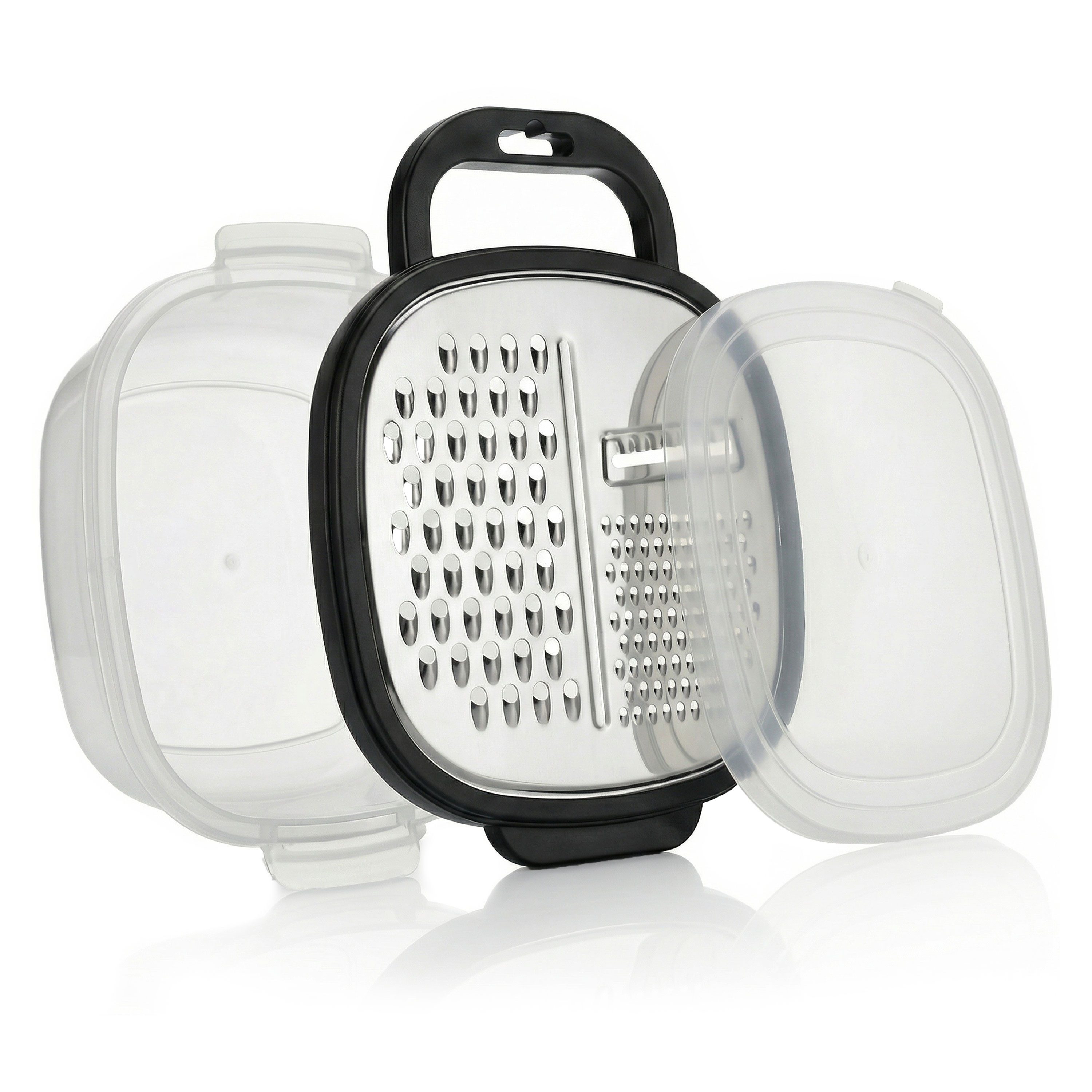 Arendo Multireibe Küchenreibe mit Auffangbehälter & Deckel, 3 verschiedenen Klingen, Edelstahl, Kunststoff, (Set, Raspel mit 3 Reibeflächen grob/fein/Hobel & Aufbewahrungsbox), Zester mit Lebensmittelbehälter, ergonomisch, rostfrei, BPA-frei