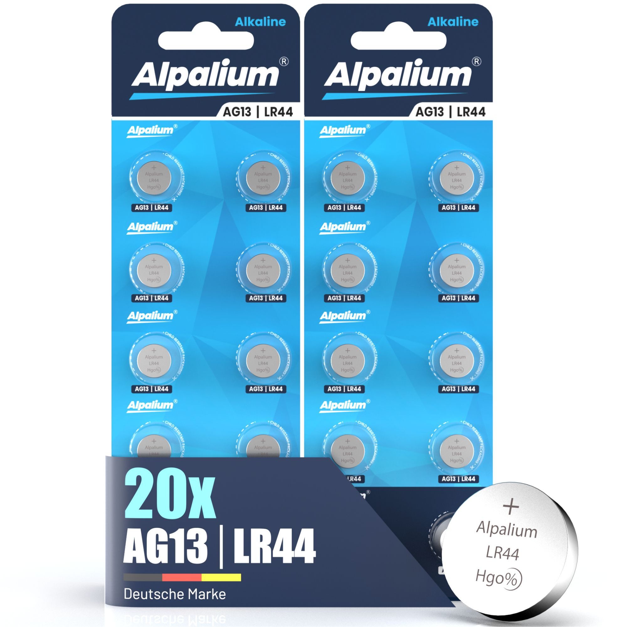 ALPALIUM AG13 LR44 Knopfzellen Batterien 20 Stück Alpalium Alkaline Knopfzelle, LR44 (1.5V V), lange Lagerfähigkeit, umweltfreundlich verpackt, Vorratspack