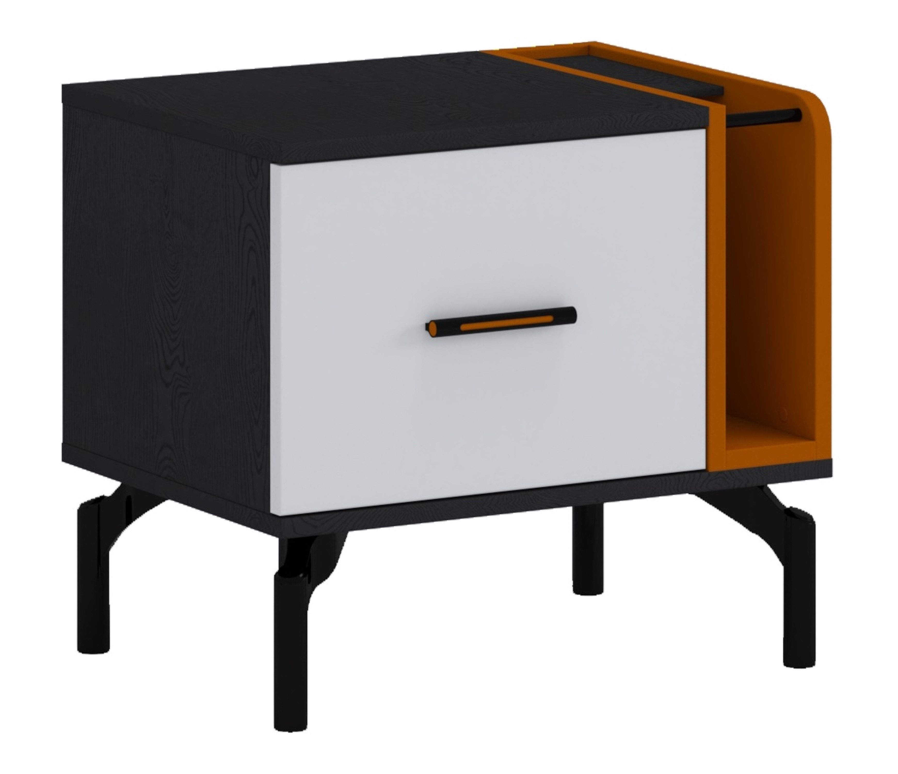 Möbel-Zeit Nachtkommode TREND – Schwarz/Weiß/Orange – Soft-Close Schublade mit Geheimfach