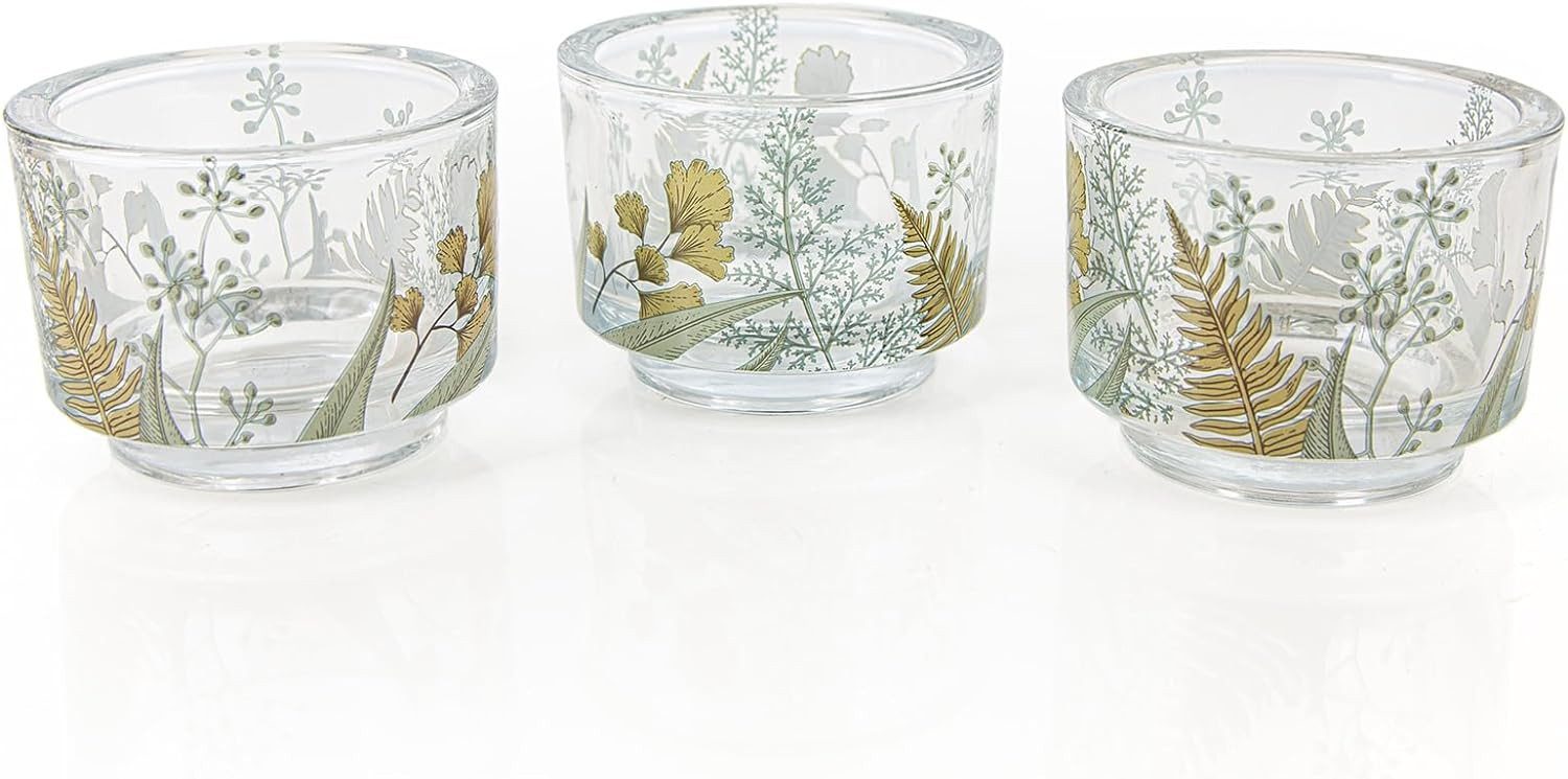 Logbuch-Verlag Teelichthalter 3 Teelichthalter Glas Blätter-Motiv 7 x 9 cm (3 St), Kerzenhalter Ginkgo Farn Hochzeit Tischdekoration