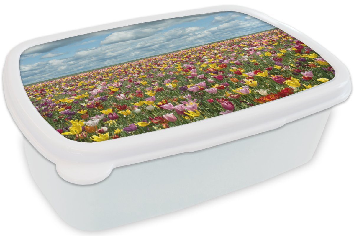 Erwachsene, und (2-tlg), Farben und - für Kunststoff, Tulpen Wolken, Lunchbox für Kinder MuchoWow Brotdose, Jungs - weiß Brotbox Mädchen