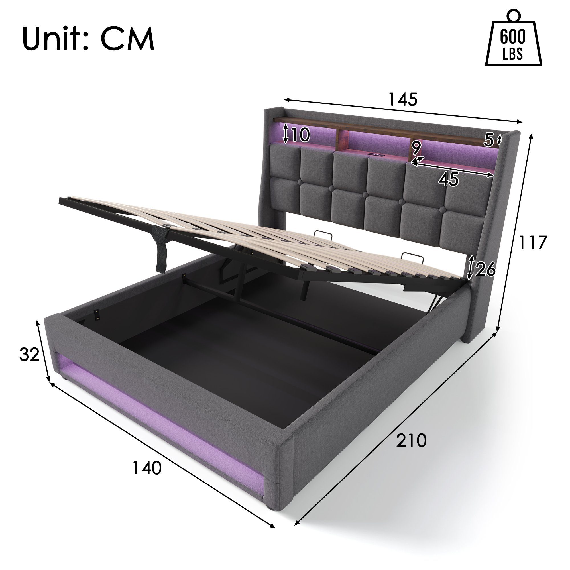 Polsterbett (Funktionsbett, 140x200 cm Hydraulisches Bett mit Lattenrost), Stauraumbett mit LED-Beleuchtung und USB-Anschluss, Baumwolle-Leinen