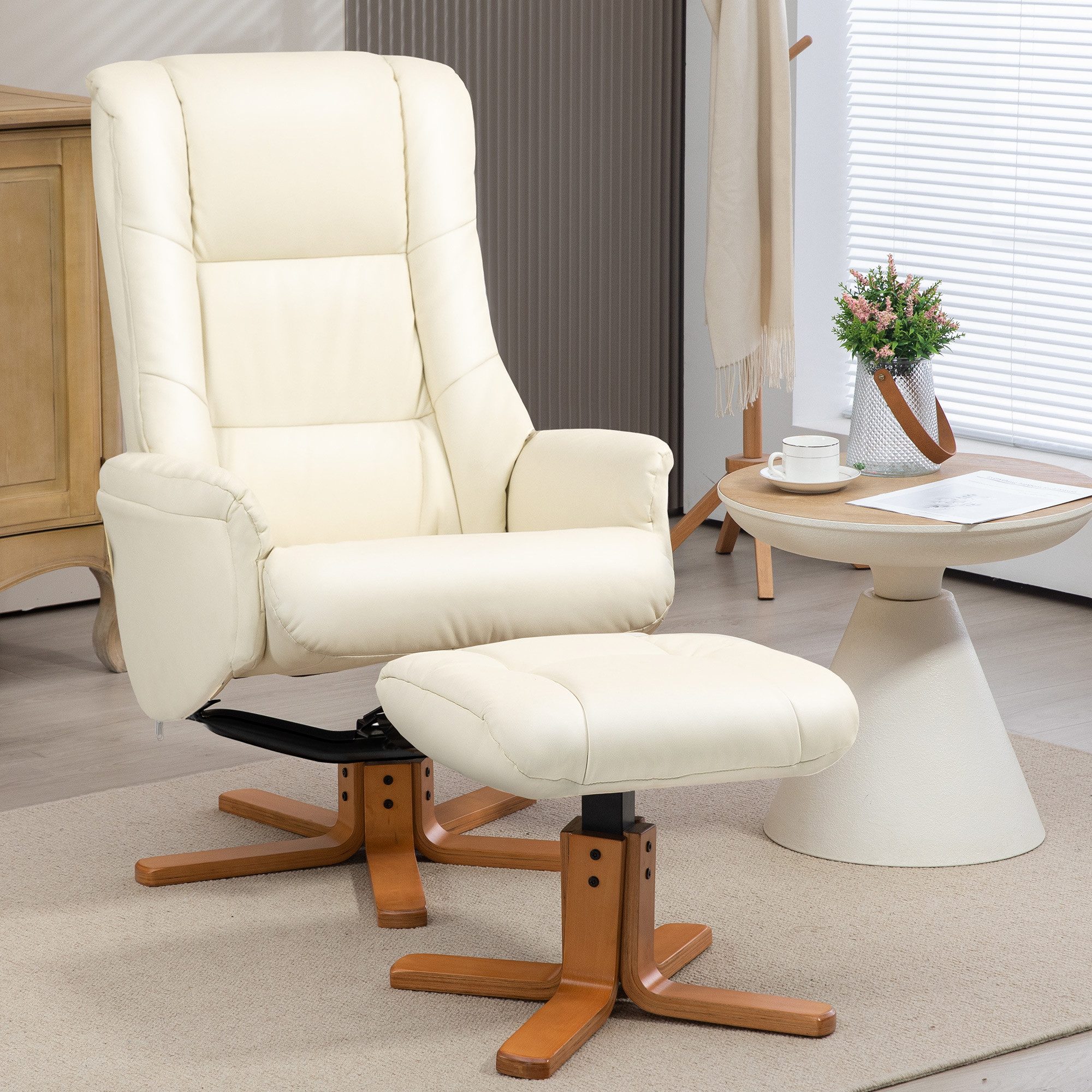 HOMCOM Polsterstuhl Relaxsessel mit Hocker, Fernsehsessel mit Liegefunktion (Liegestuhl, 2 St), für Wohnzimmer, Schlafzimmer, Cremeweiß